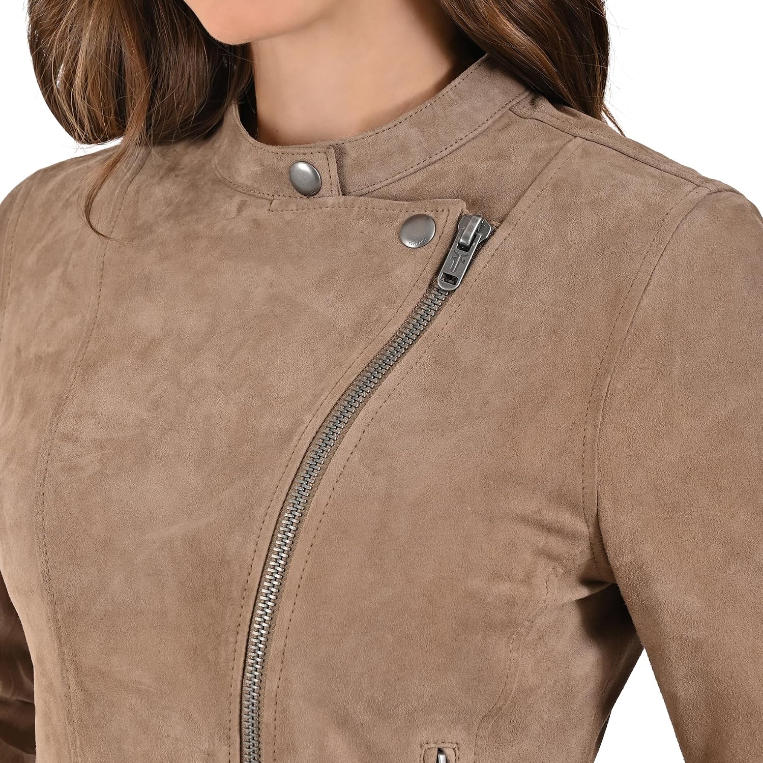 Frye WOMEN’S SUEDE RACER JACKET, GENUINE LEATHER, ASYMMETRICAL ZIP, SNAP COLLAR – TAUPE COLOR