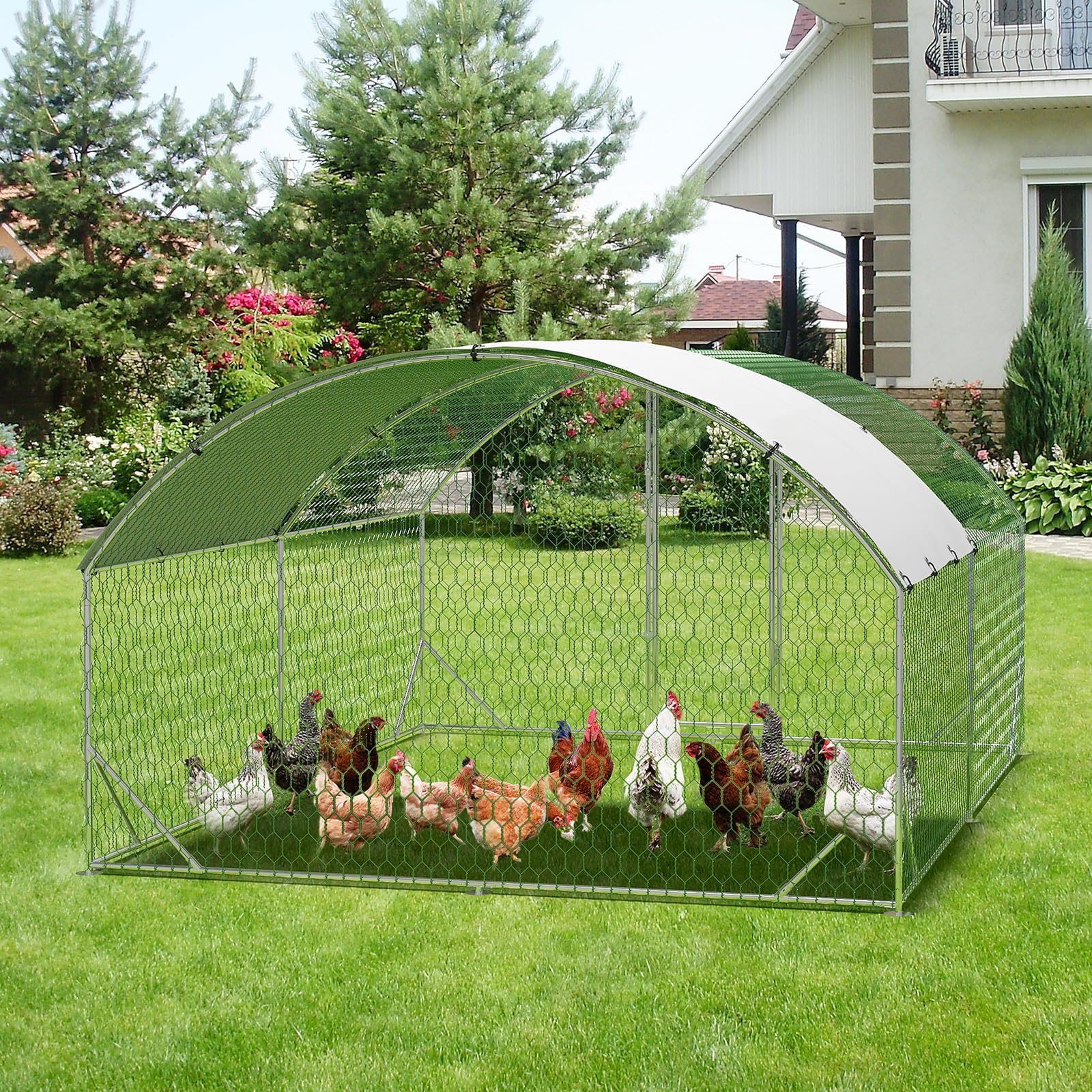 large metal chicken coop, 9.8' w x 13.1' l x 6.5 h walk-in poultry cage, chicken run pen house with waterproof & anti-ultraviolet cover & lockable doors for outdoor