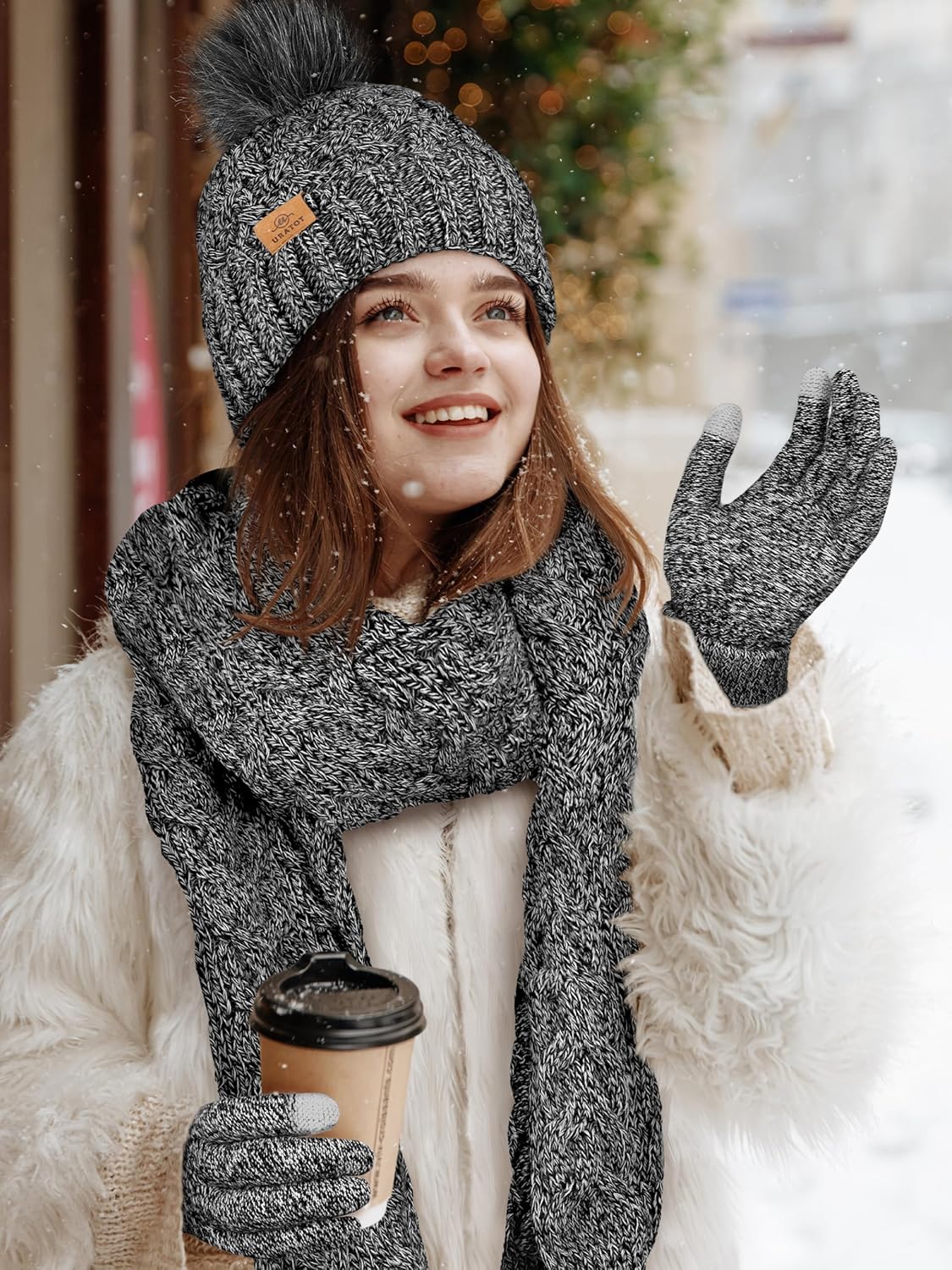 URATOT 4 Packs Winter Warm Set Knitted Pompom Hat Scarf Touch Screen Gloves Ear Warmer 4 In 1 Set for Men or Women - Image 6