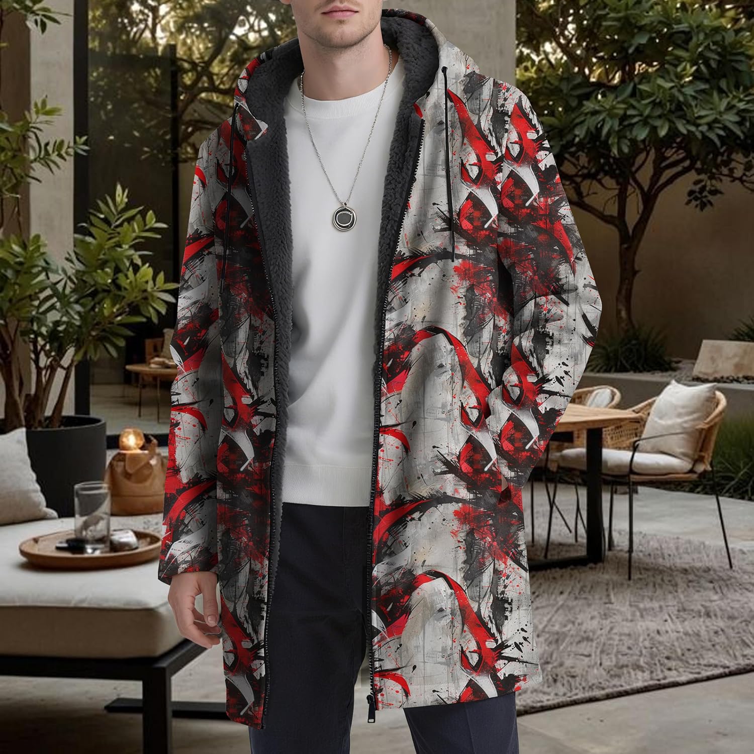 Mens Graffiti Printed Cardigan Hoodies Full Zip Up Long Sherpa Coat Fashion Casual Fleece Lined Jackets with Pockets - Image 3
