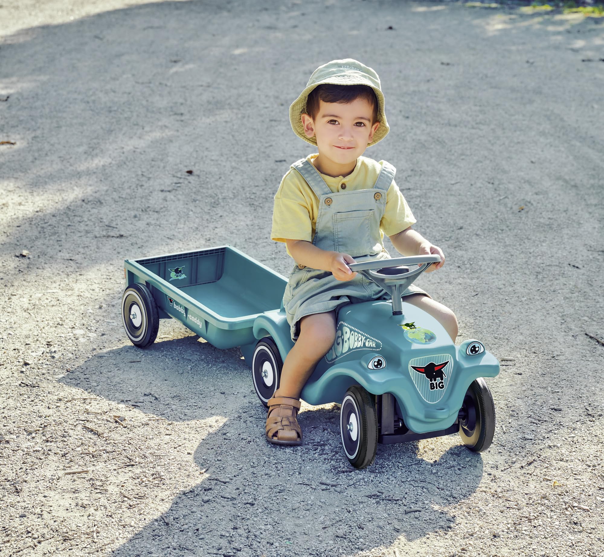 Big Bobby Car Classic Eco 2.0 mit Anhänger - Rutschauto ab 1 Jahr aus Recycling-Material mit Caddy, Lenkrad und Hupe, für Kinder ab 1 Jahr (bis 50 kg), Türkis mit Grau