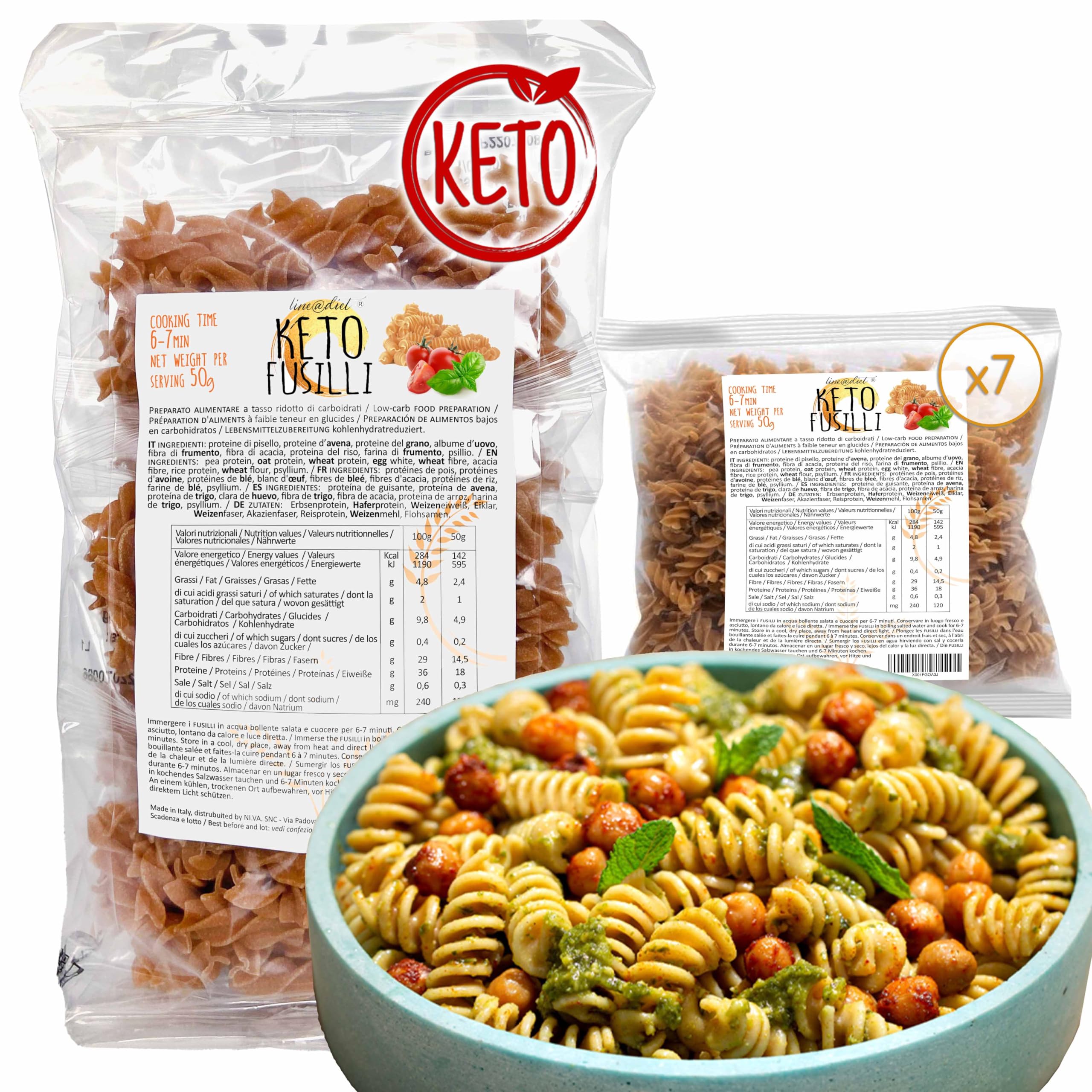 FUSILLI KETO Line@diet Fusilli Cetogénico 7x50g 350g Bajo en Carbohidratos 0.2g Azúcar Rico en Fibra y Proteínas