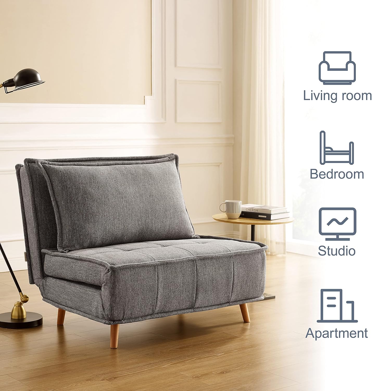 Art Leon Convertible Sofa Bed, Modern Sleeper Chair Folding Guest Bed, Fabric Upholstered Chaise Lounge Couch with Wood Legs for Bedroom Living Room Small Space, 1 Pcs, Grey