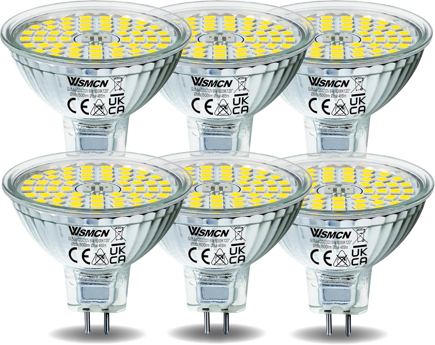 MR16 GU5.3 LED Bulbs, 6W Cool White 6000K Light Bulbs, 50W Halogen Bulb Equivalent, AC/DC12V Low Voltage Bulb, 485Lm Spotlight Bulbs, Non-dimmable, 120° Beam Angle, Pack of 6