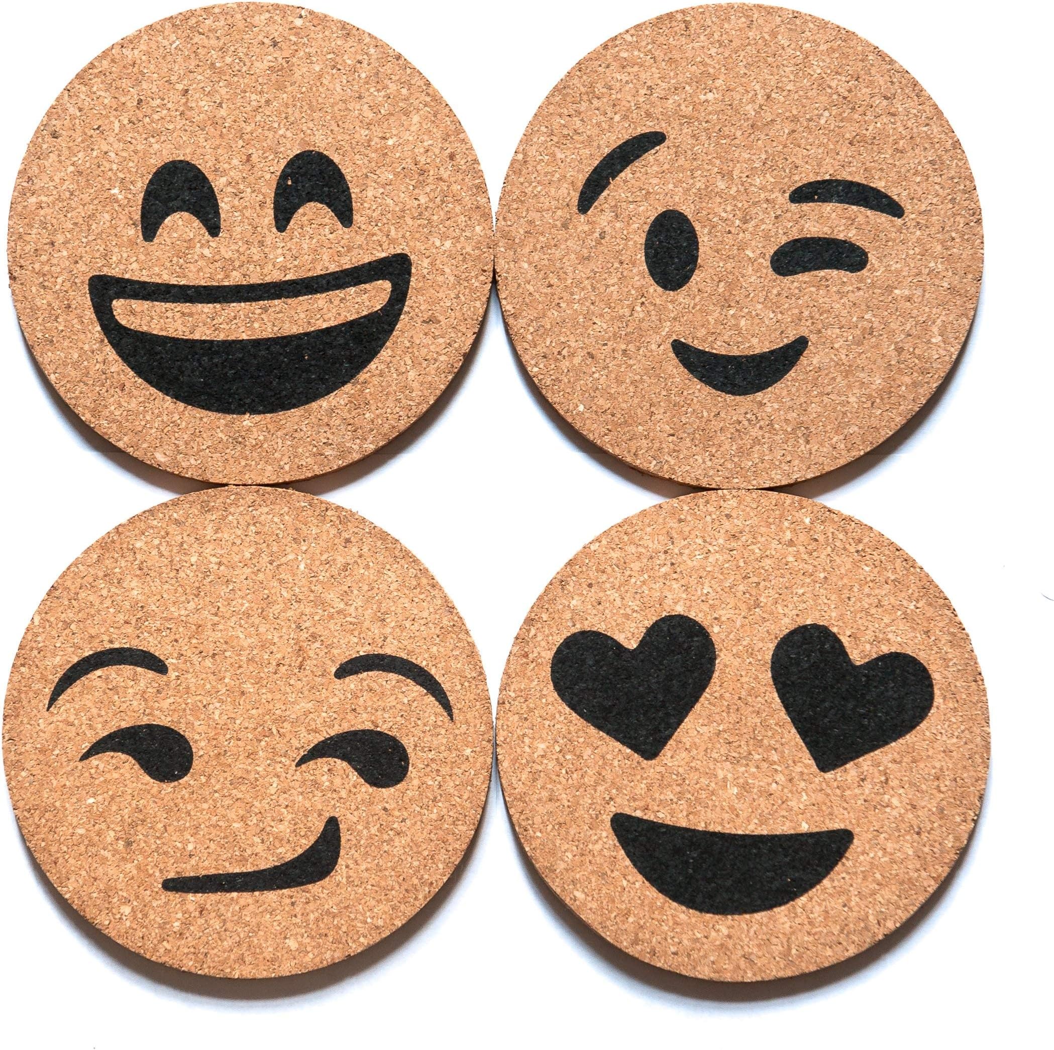 Corkologist Emoji Cork Round Beverage Bar Coasters, Novelty Drink Coaster, Set of 4 (Style 1)