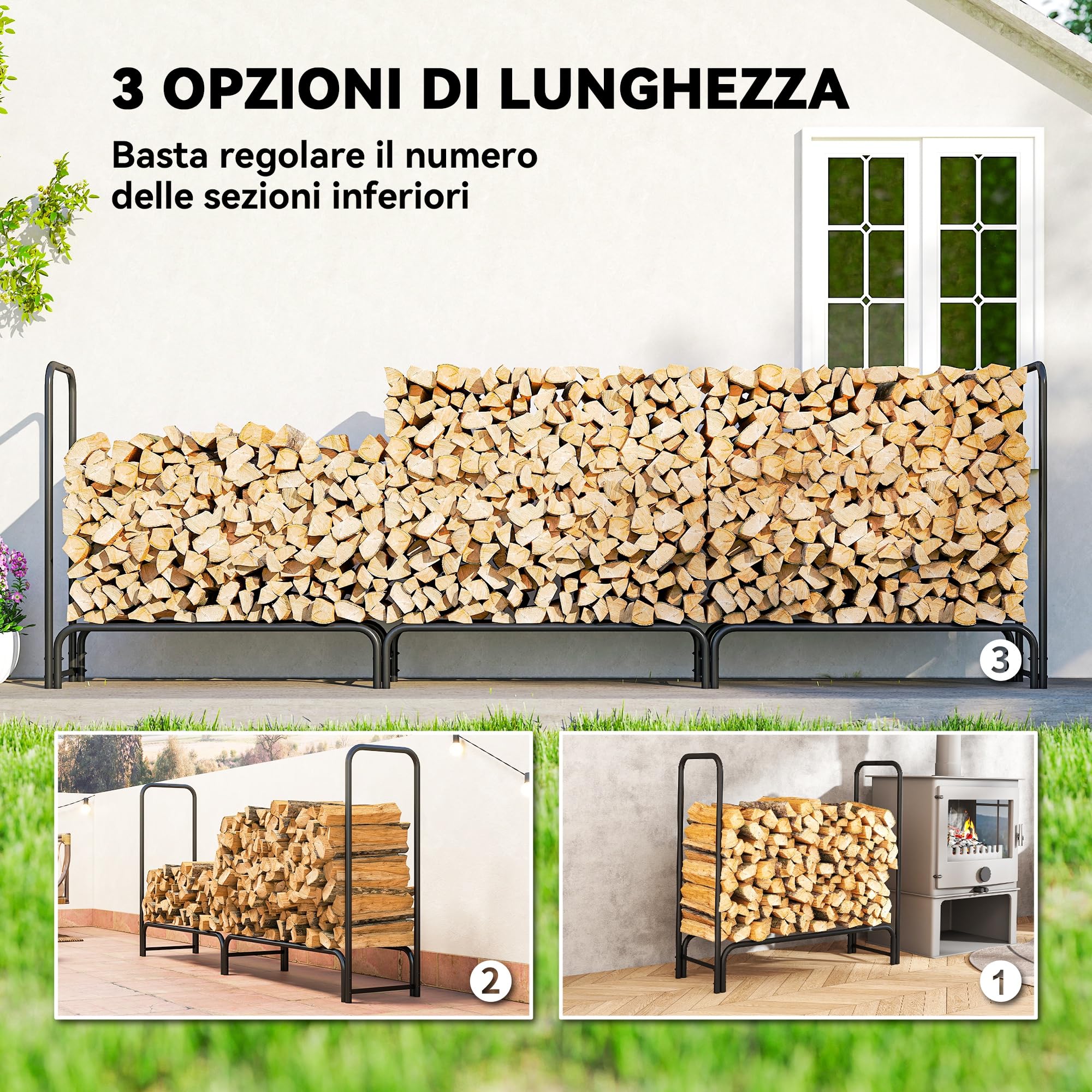 Outsunny Legnaia da Esterno in Metallo 1m³ 300x36x99 cm Nero e Verde Scuro