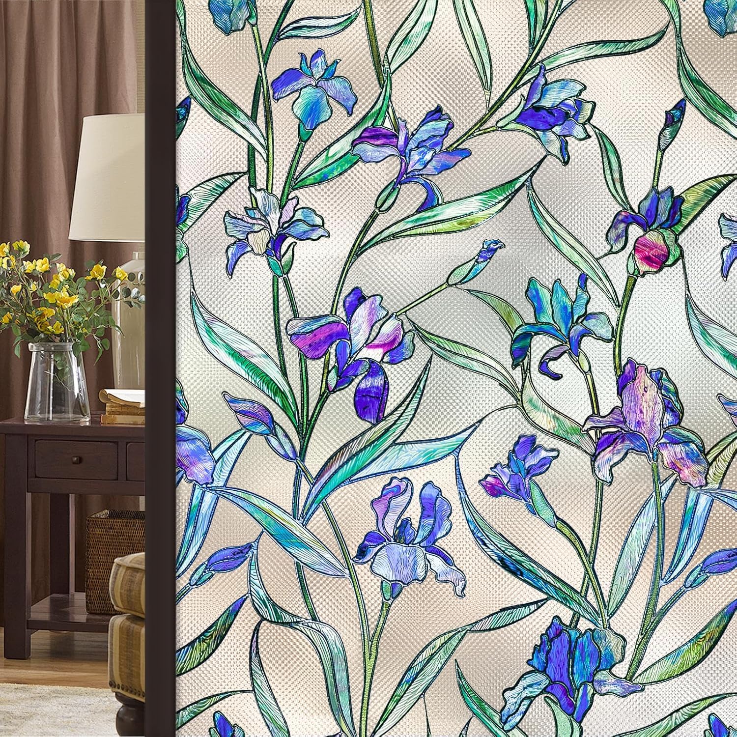 Coavas Window Privacy Film Stained Glass Window Clings 3D Violet Flower Decorative Static Cling Bathroom Frosted Decals Sun Heat Blocking Stickers for Home Door Room Covering 17 x 39.4 Inch
