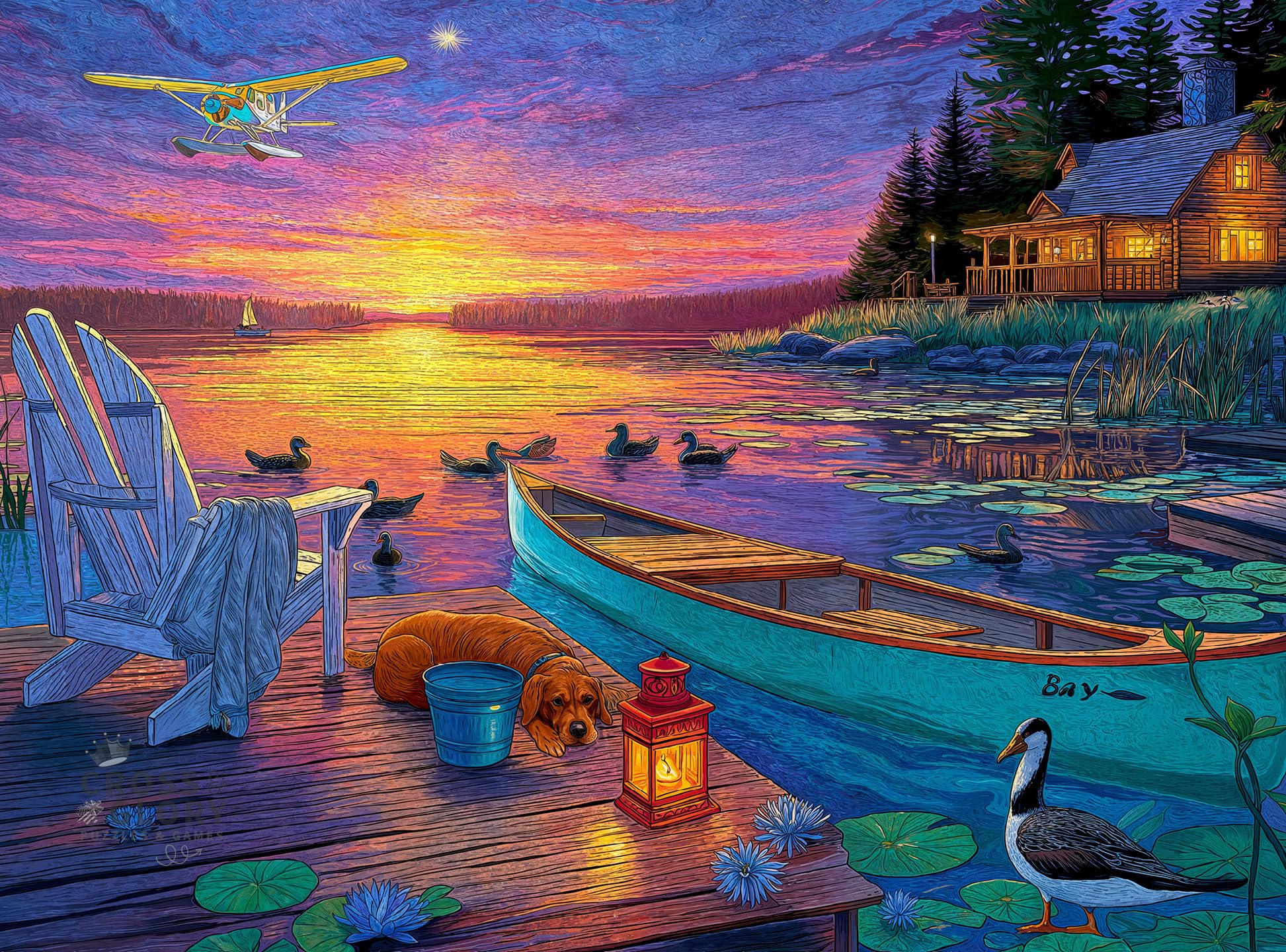 Cross & Glory – Sunset Bay – 1000 Piece Jigsaw Puzzle for Adults | Lakeside Sunset Cabin Scene | Cozy Dock & Canoe Artwork | Premium 1000 Piece Puzzle-image-47