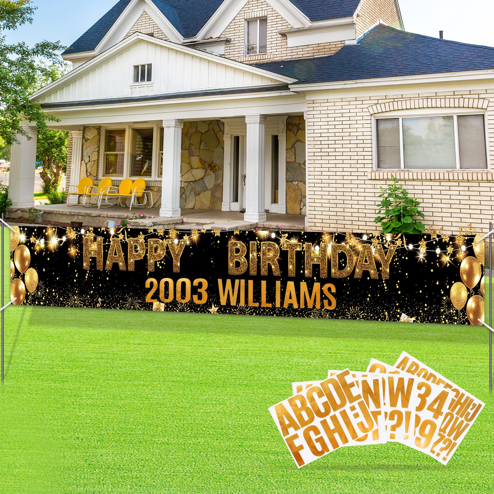 Large Black Gold Birthday Banner with Personalized Letter Stickers - Custom Happy Birthday Yard Banner for Men, Women, Outdoor, Indoor Parties
