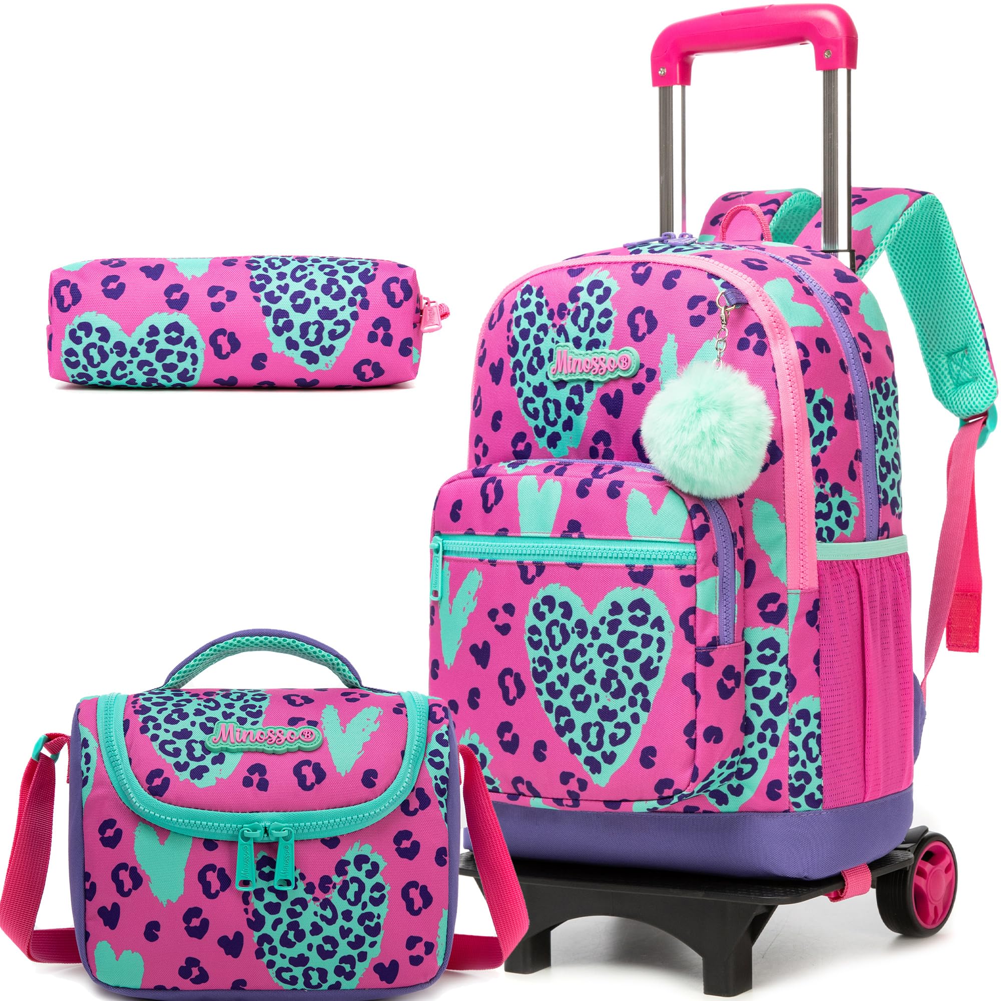HTgroce Zaino Trolley Scuola Elementare Bambina - Set 3 in 1 con Portamerenda e Astuccio, Zainetto con Ruote Staccabile per Ragazze 8 Anni