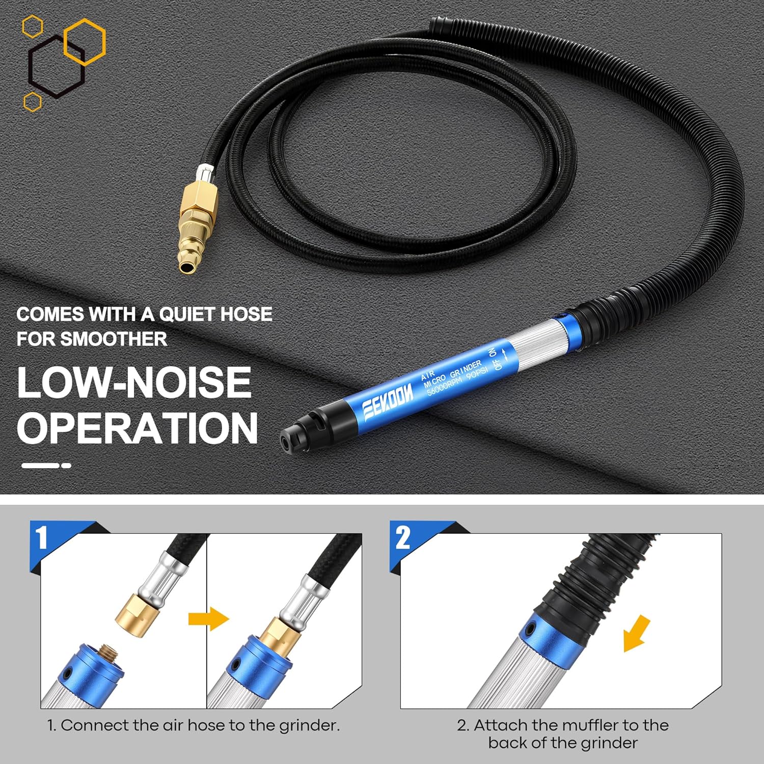 Feekoon 1/8" Pneumatic Pencil Die Grinder, 56, 000 RPM Air Micro Grinder Tool with 1/4" NPT, High Speed Multi Purpose Tool for Mold Polishing, Metal Deburring, Engraving, Brake Caliper Cleaning