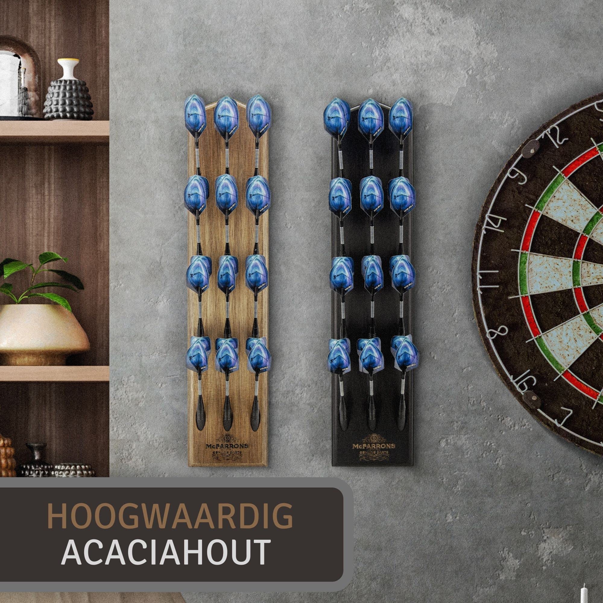 McFARRONS Darthalter aus Holz für 12 Darts - Praktische Dart Aufbewahrung für die Wand als Zubehör für Jede Art von Dartscheibe - passend für Steeldarts und Softdarts. (Holz/Wood