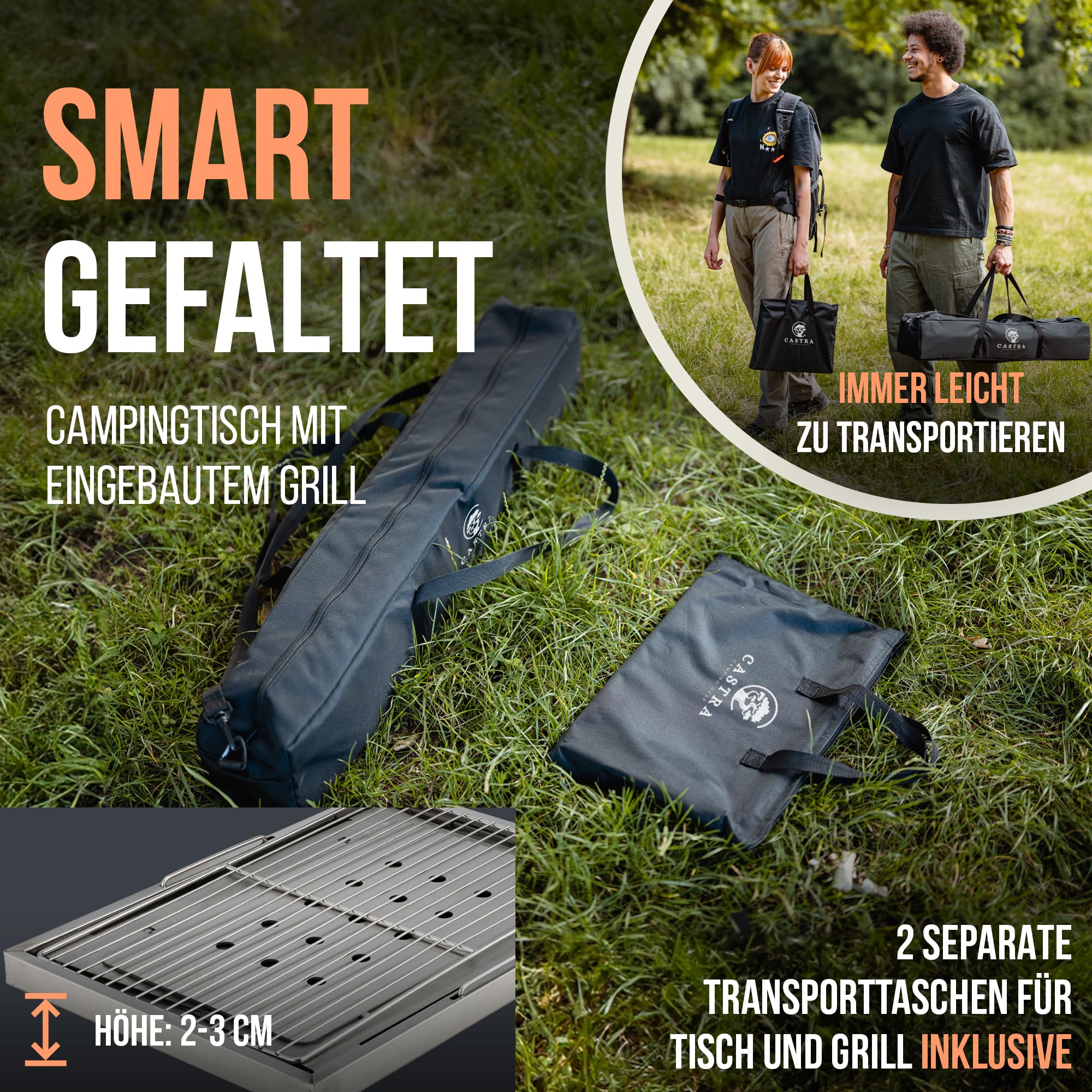 Castra Premium Campingtisch mit integriertem Grill – Aluminium 7075, höhenverstellbar, Outdoor wetterfest, innovatives Faltsystem, Multifunktionstisch & Camping Zubehör für Garten, Reisen & Angeln