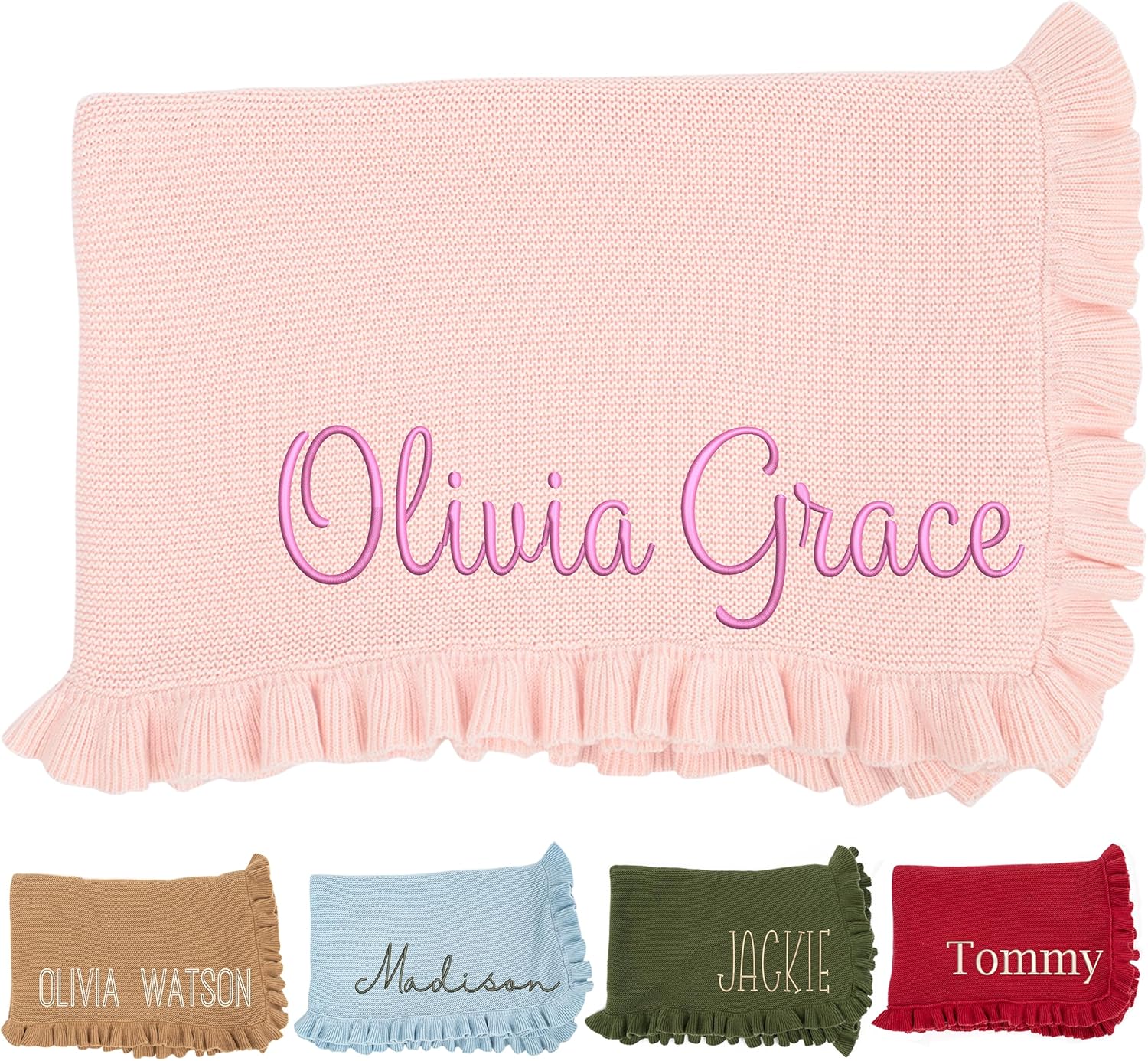 Personalized Baby Blanket for Newborn Girls, 30x40in Pink Custom Knitting with Name Embroidery, Embroidered Knitted Baby Ruffled Knit Blanket, Custom Gifts for Newborn Girls