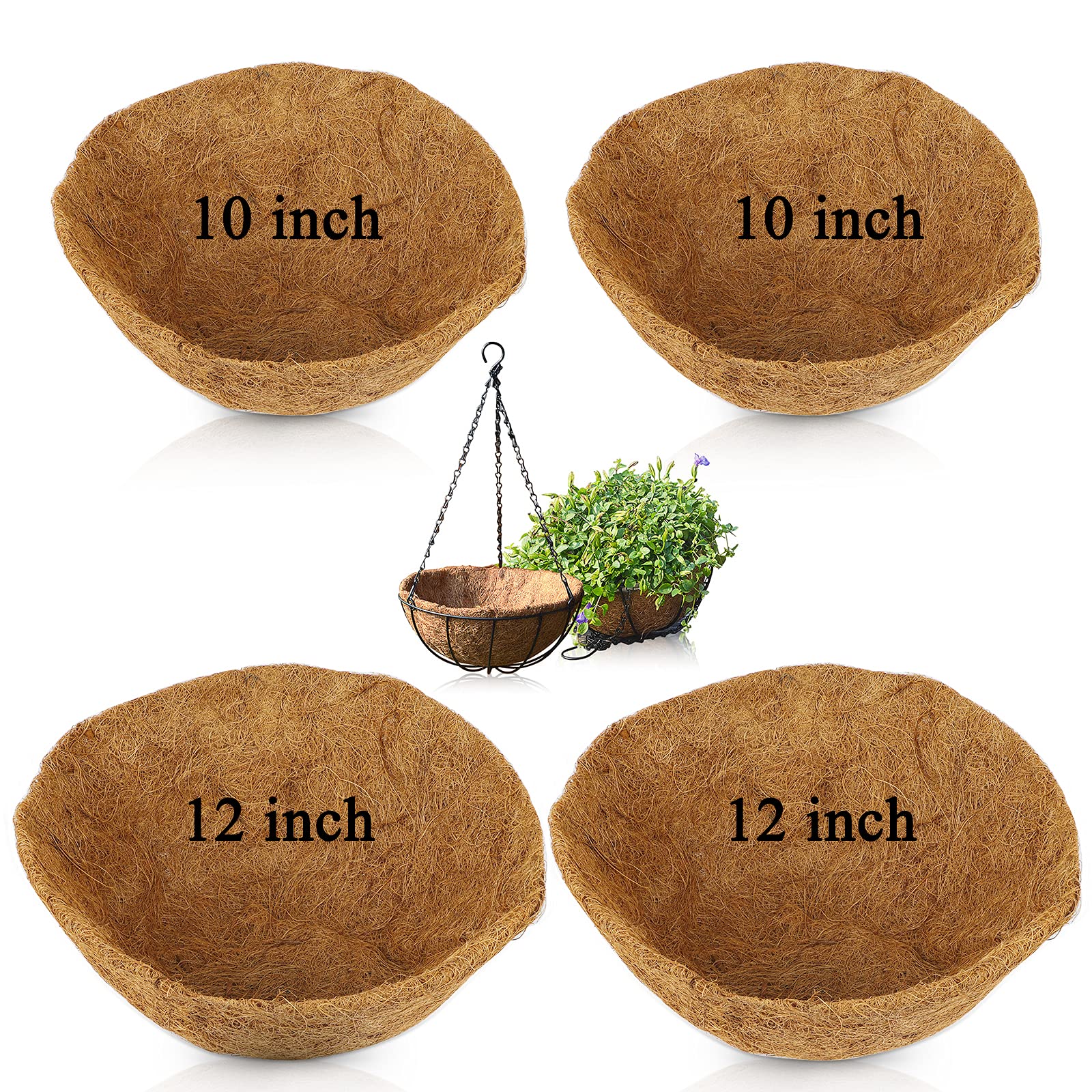 4 PCS 10’’ 12’’ Round Coconut Fiber Coco Liners, Plant Basket Liner Replacement for Garden Hanging Basket and Planter Flower Pot