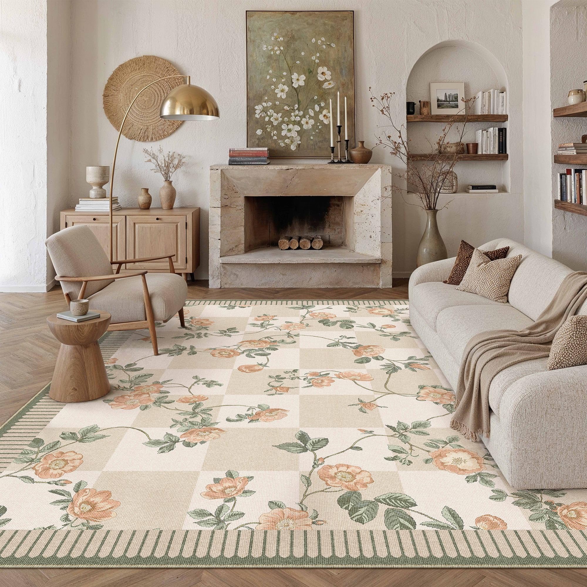 hugear 8x10 checkered area rugs machine washable beige large living room rug floral print non-slip stain resistant low pile indoor throw carpet for bedroom home unique aesthetic modern decor