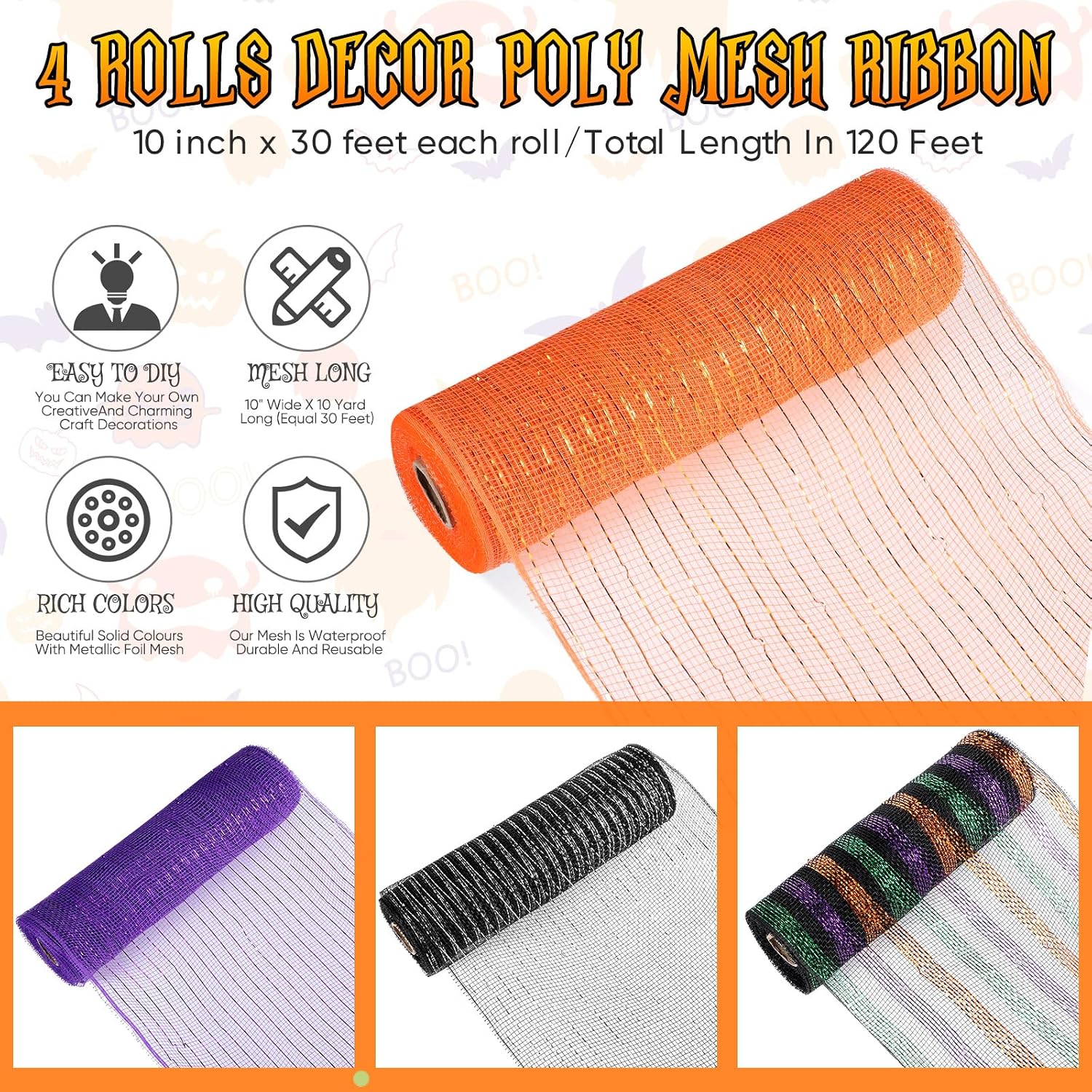 Funtery 4 Rolls 40yd Halloween Deco Mesh Ribbon for Wreath, Trendy Colors