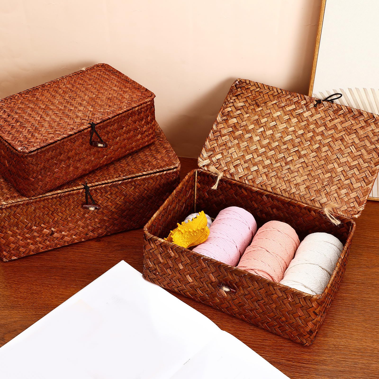 HEMOTON 3piezas Cestas Tejidas con Tapa Cajas Organizadoras de Almacenamiento con Gran Capacidad para Oficina Hogar y Baño Cajas Multiusos para Cosméticos y Utensilios Pequeños Diseño
