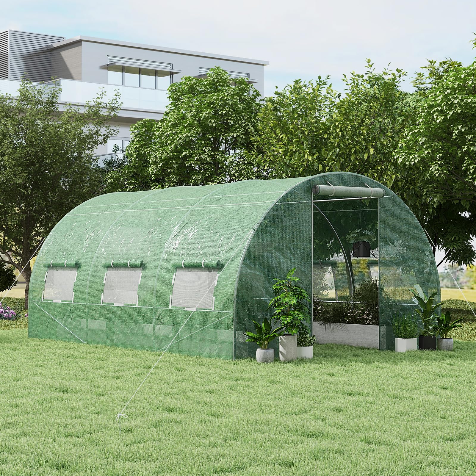 COSTWAY Invernadero Túnel Exterior, 400 x 300 x 200 cm con 6 Ventanas Enrollables, 2 Puertas con Cremallera, Estructura de Acero Galvanizado, Carpa de Jardín Resistente al Viento