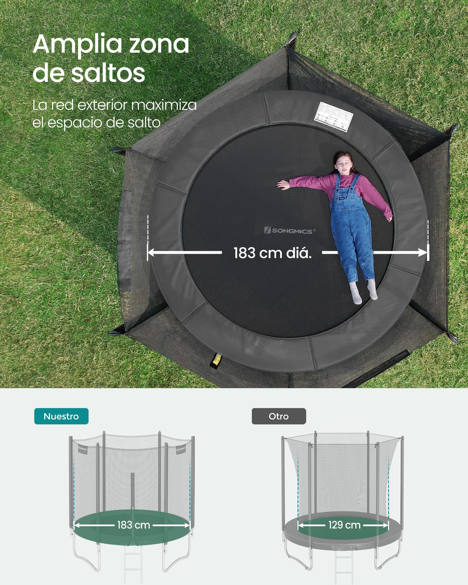 SONGMICS - Trampolín Exterior Infantil diámetro 183/244/305/366/427 cm, Red de protección Externa, Cojines de Seguridad, Escalera, Poste Recto de 180 cm de Alto, Marco de Acero