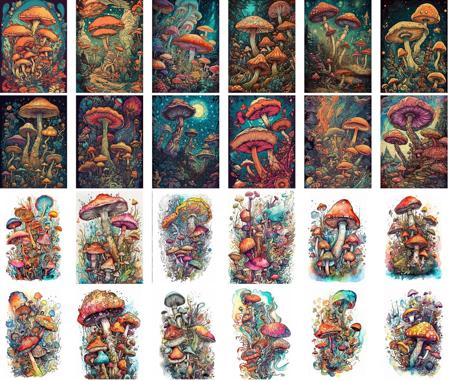 PIXILUV Vintage Postcards (24 pcs 4"x6" each) Colourful Trippy Mushrooms Psychedelic Hippie Illustrations Vintage Postcards Retro Greeting Card Book Illustration Reprint - Image 2