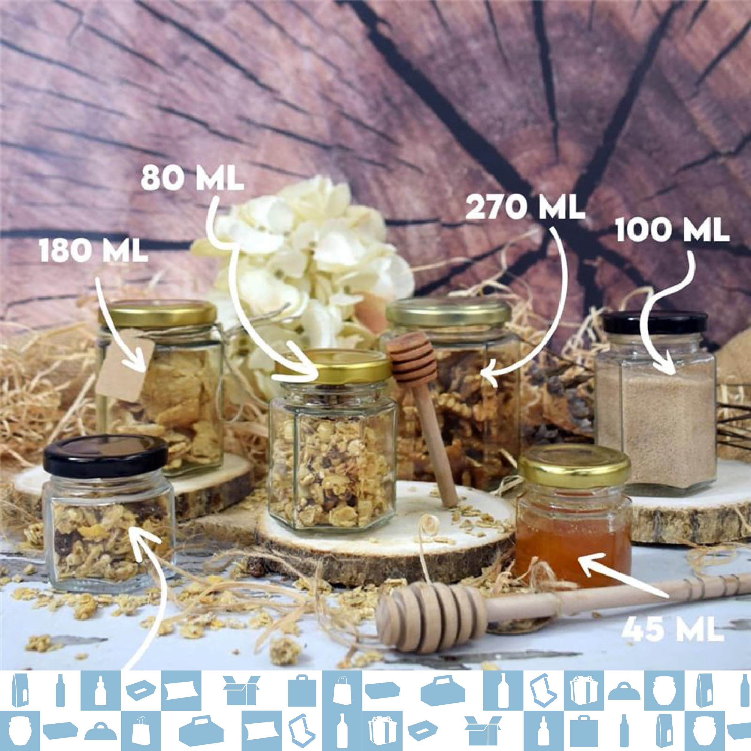 Espirito Rebelde 20 kleine sechseckige Honiggläser mit Deckel 100 ml + Box + Jutetuch + Kraftetiketten + Juteschnur | ideal für die Aufbewahrung von Honig