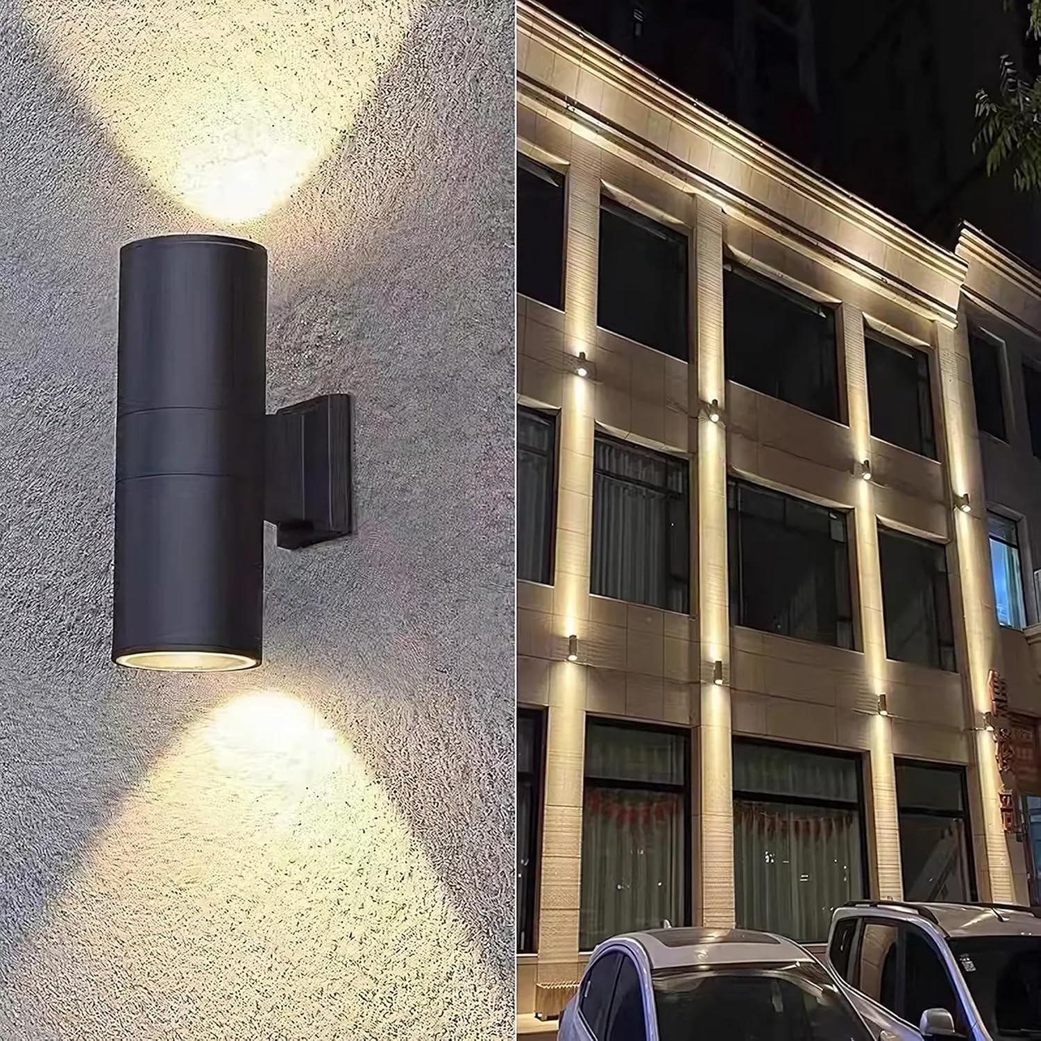 LEDMyplaces Waterproof 2x12W Cylinder Up and Down Outdoor Wall Sconce Lights, Dusk-to-Dawn Illumination for Stylish Porch Décor, 3000K Warm White, Aluminum, Double Side Light