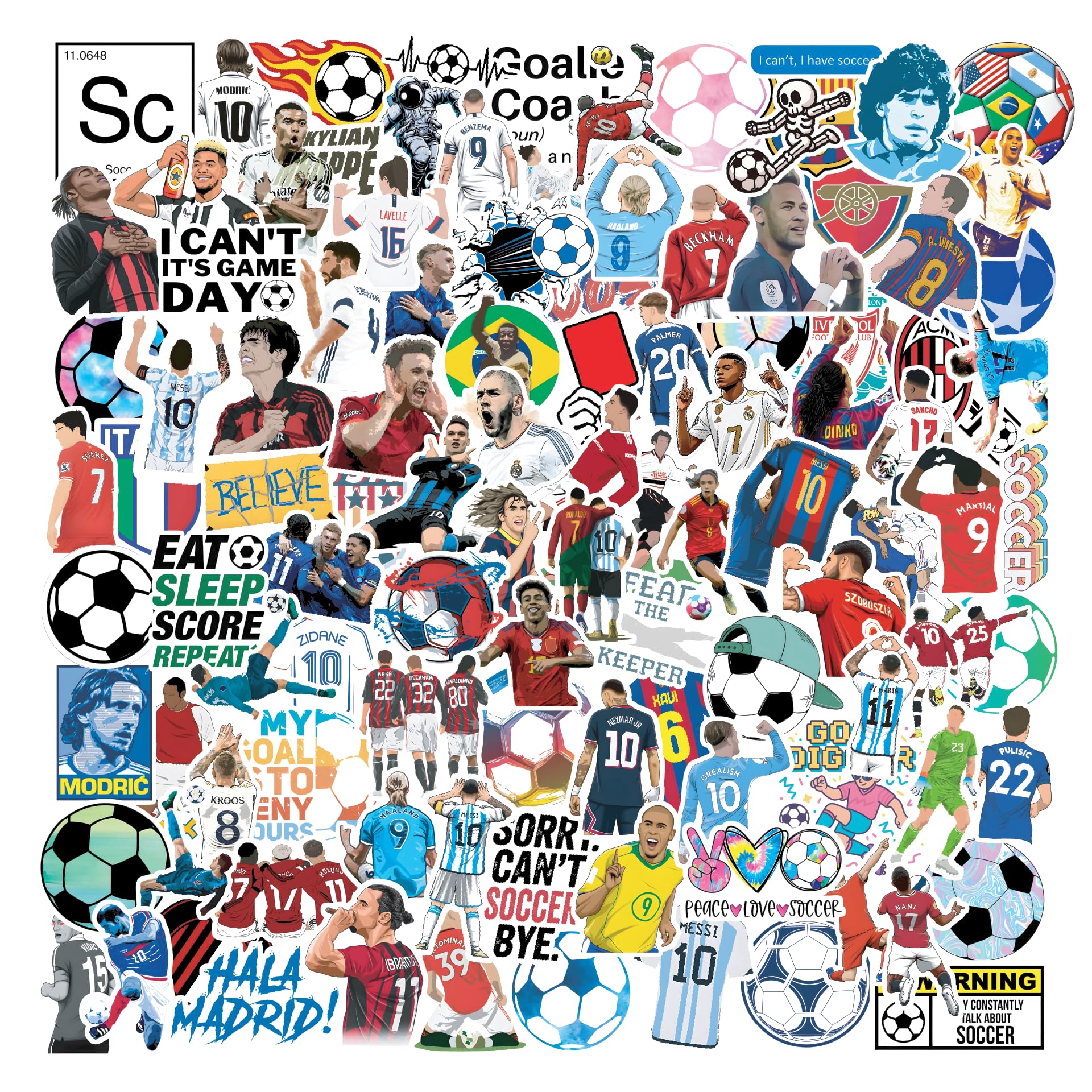 CodersParadise Pack of 65 Football Soccer Stickers for Laptop, Planner, Diary, Waterproof Residue Free - Messi, Ronaldo, Mbappe - Football Club Team