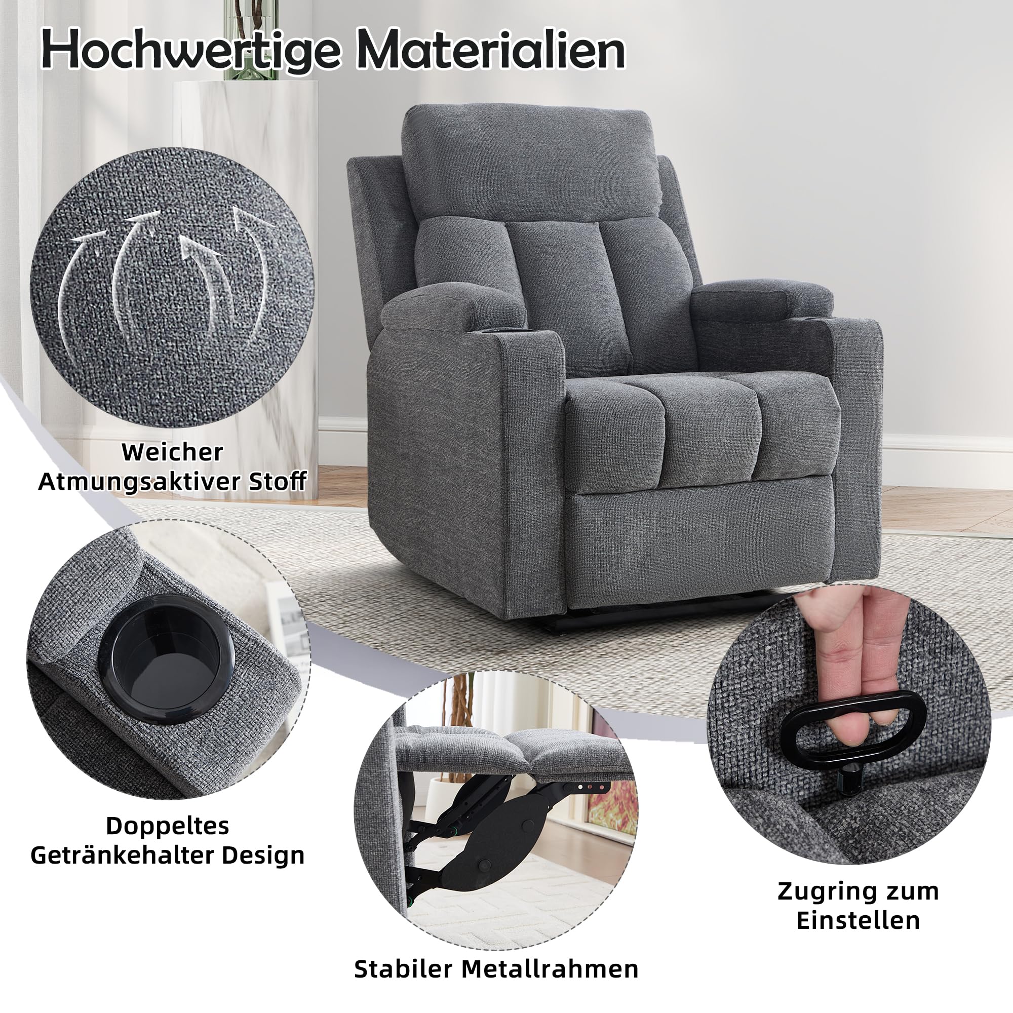 EBELLO Fernsehsessel mit Liegefunktion, Relaxsessel Manuell Verstellbar,TV-Sessel mit Getränkehalter und Weiche Kopfstütze, Schlafsessel mit Armlehnen und Fußstütze für Wohnzimmer, Dunkelgrau
