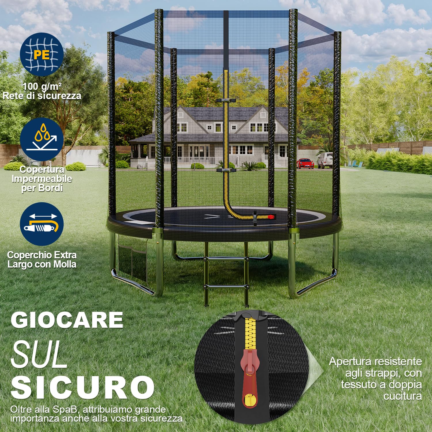JUMMICO Trampolino Elastico per e Bambini Adulti 183/244/305/366/427 cmTrampolino Rotondo da Giardino Tappeto Elastico da Giardino di Diametro con Rete di Sicurezza, Scala e Barre Imbottite, Esterno