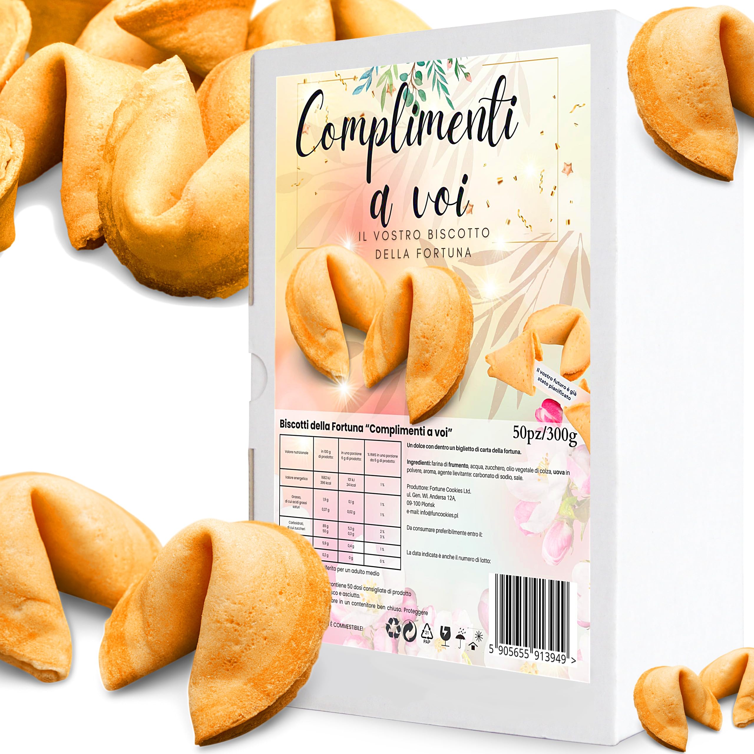 D&D Fun Cookies Biscotti della Fortuna 50 pezzi | Biscotti portafortuna "Сomplementi"| Biscotti della fortuna cinesi | Biscotti confezionati singolarmente | Biscotti regalo | Fortune Cookies