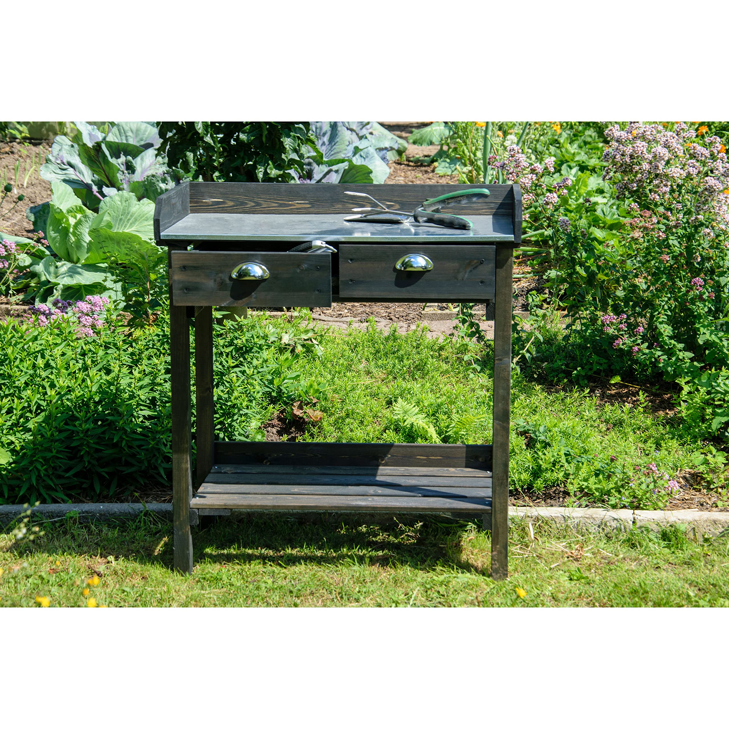 dobar® Design Pflanztisch mit 2 Schubladen | Gärtnertisch mit Ablageboden | Umtopftisch aus massivem Fichtenholz | Blumentisch für Garten/Terrasse/Balkon | 79 x 39 x 90 cm | Schwarz