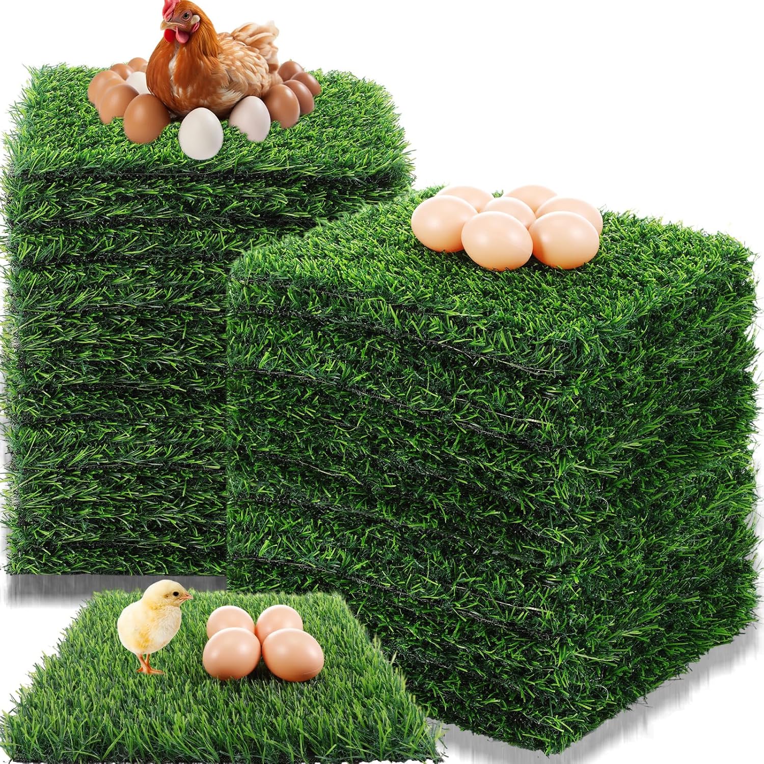 Hoteam 24 Pack Chicken Nesting Box Pads 12"x12"x1.2" Washable Nesting Pads for Chickens Thick Artificial Grass Turf Mats Mat Accessories Liners for Hen Coop and Pet Garden Lawn Indoor Outdoor