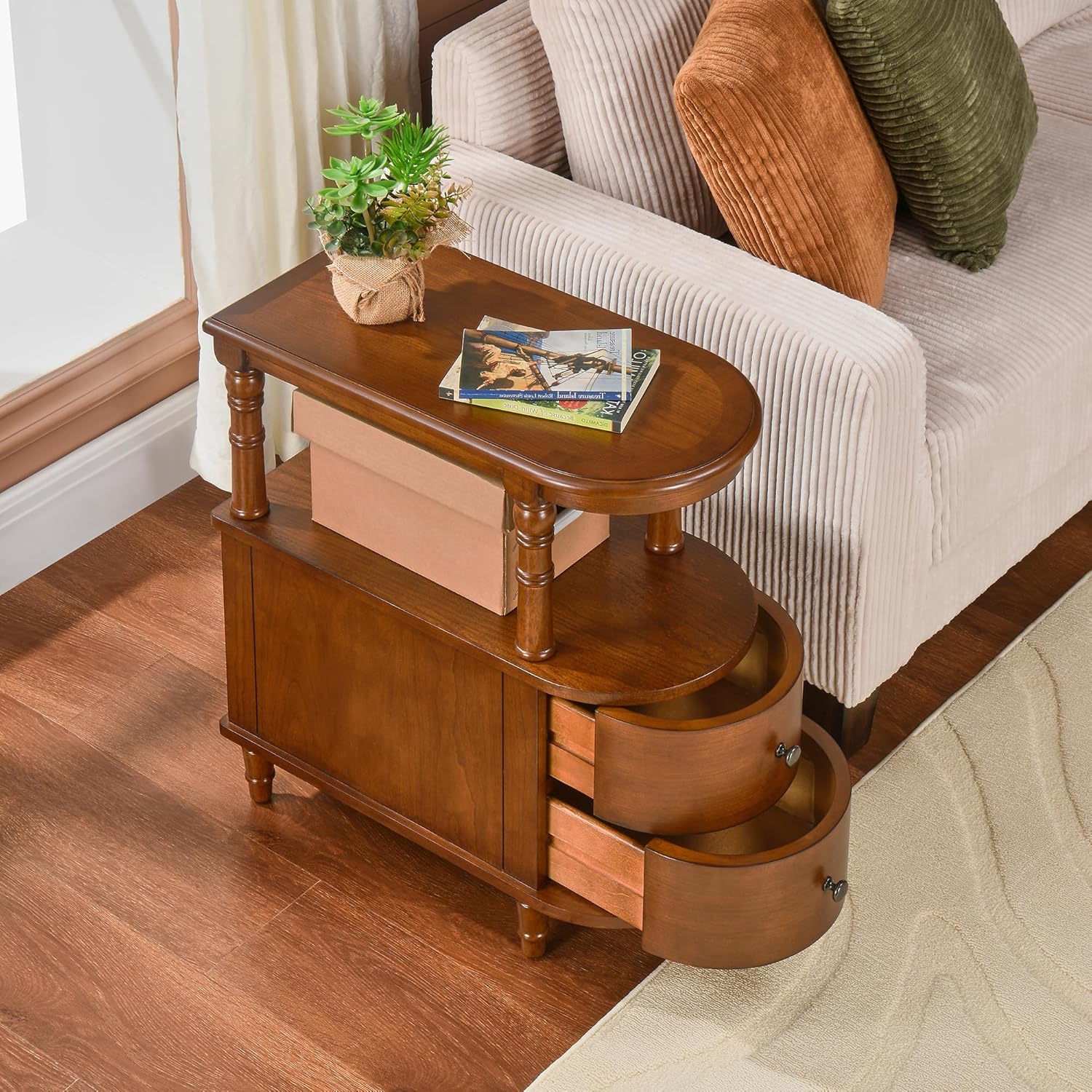 PADMA HOUSE Set of 2 Solid Wood End Table with 2 Drawers, Narrow Sofa Side Table Slim Chair Side Table with Storage Shelf, Vintage Slim Nightstand Bedside Table, Beewax Tone，BG-A508-MG