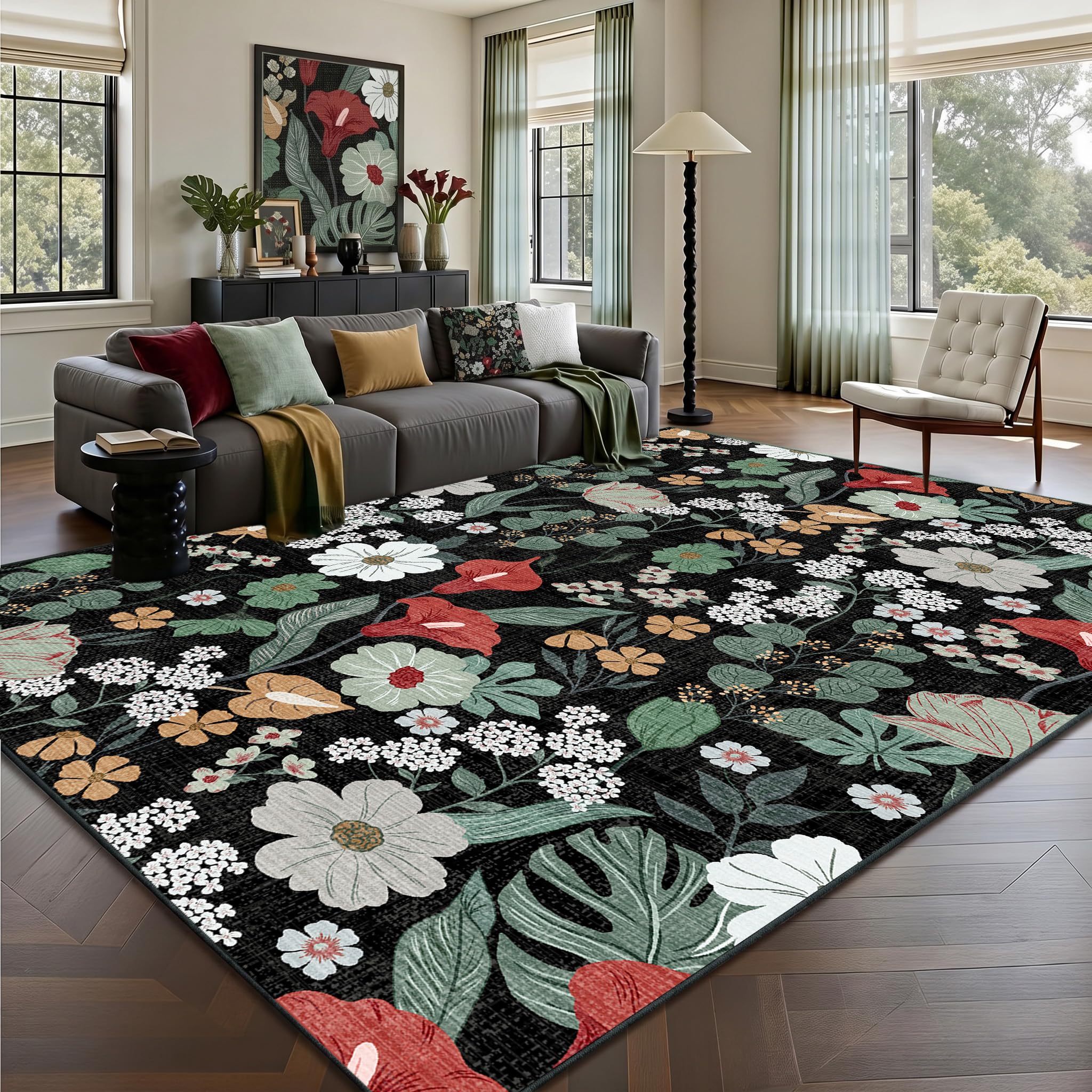 WQMMD Black Floral Rug 120x180 cm โ Machine Washable, NonโSlip Low Pile Area Rug for Living Room, Bedroom, Entryway & Kitchen โ Boho Vintage Garden Pattern Carpet โ image 1