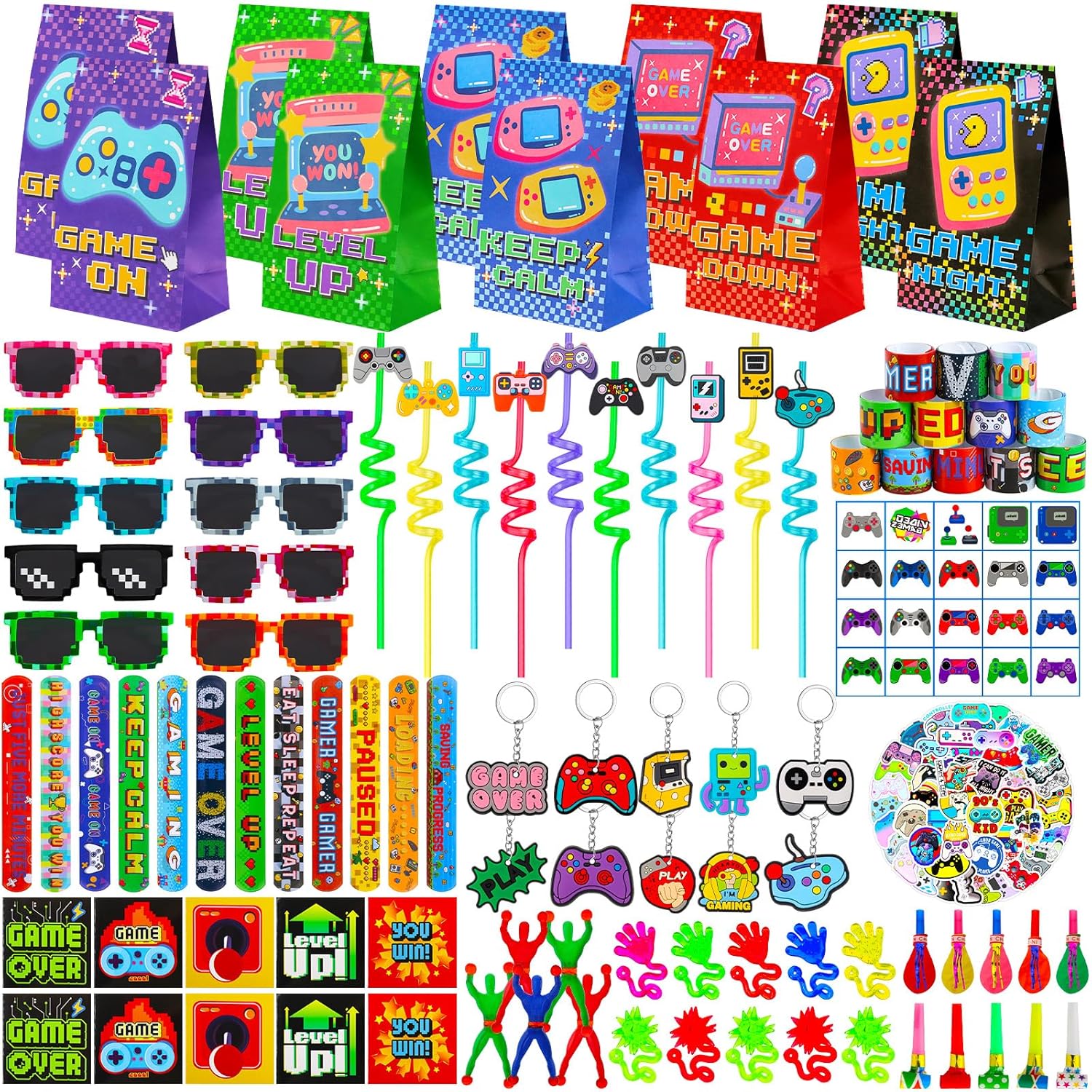 170 Pcs Video Game Party Favors Kit With Gaming Goodie Bags Sunglasses Crazy Straws Stickers for Kids Birthday Prizes, All-in-One Video Game Theme Party Supplies for Boys & Teens