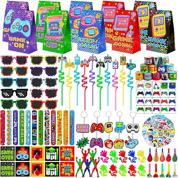 170 Pcs Video Game Party Favors Kit With Gaming Goodie Bags Sunglasses Crazy Straws Stickers for Kids Birthday Prizes, All-in-One Video Game Theme Party Supplies for Boys & Teens