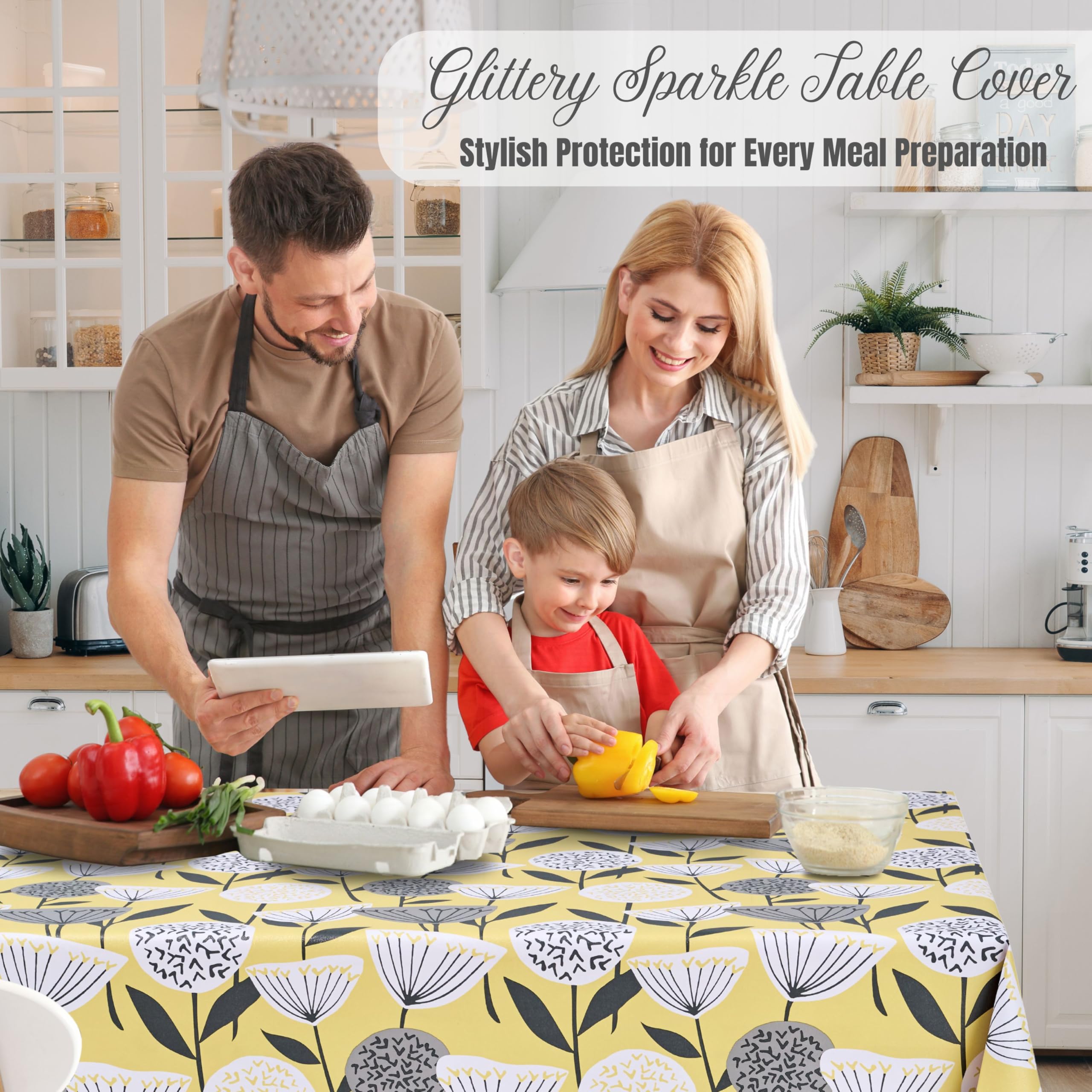 KP HOME Yellow PVC Tablecloth Wipeable Square 55.1"x 55.1" -140x140cm Floral Plastic Table Cover with Shimmer Effect Table Waterproof Table Cloth Wipe Clean Protector With Large Grey Flowers Oilcloth - Image 3