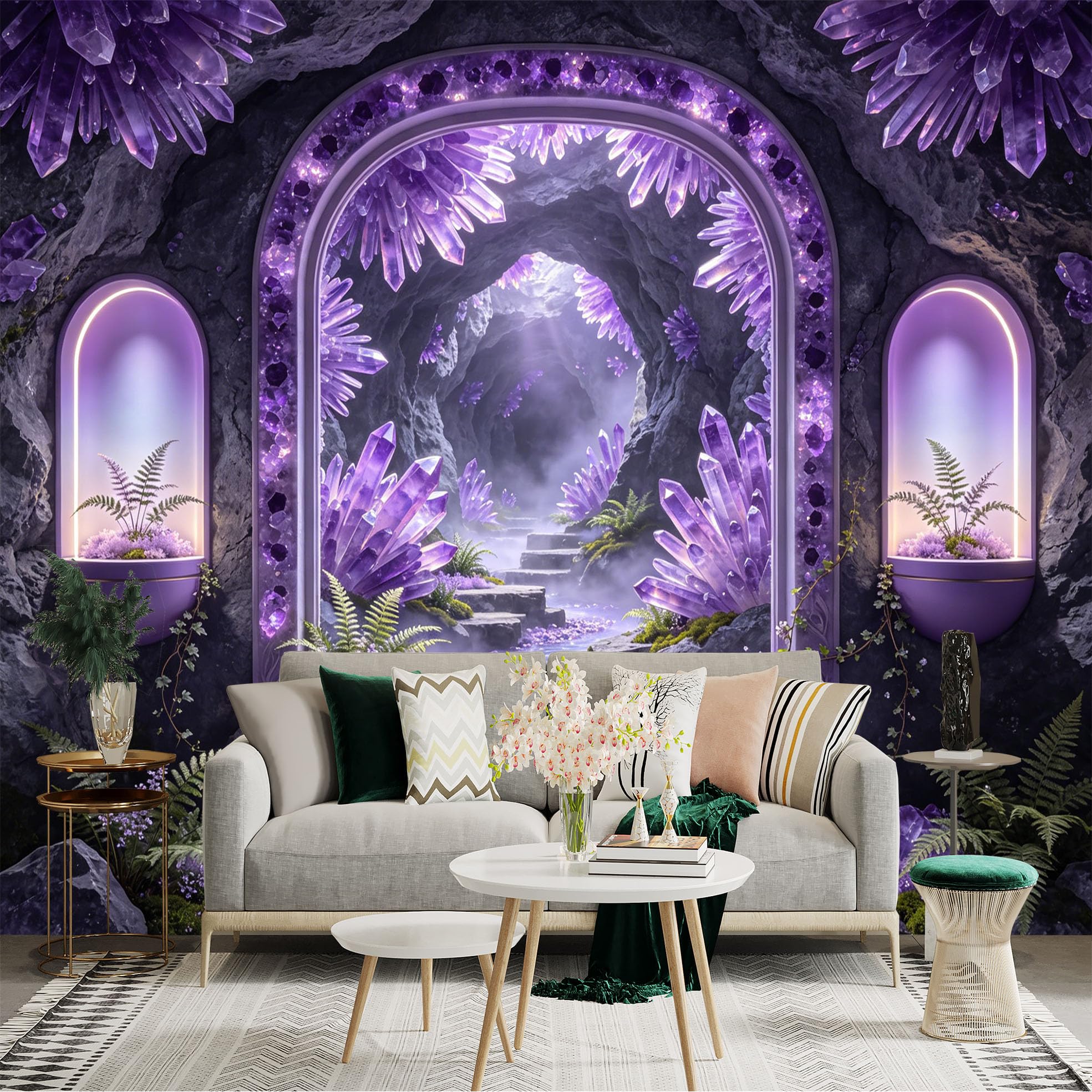 Custom Size Wall Sticker Mural， Fantasy Crystal Cave with Amethyst Crystals and Ferns， for wall Decoration， peelandstick wall Decals.