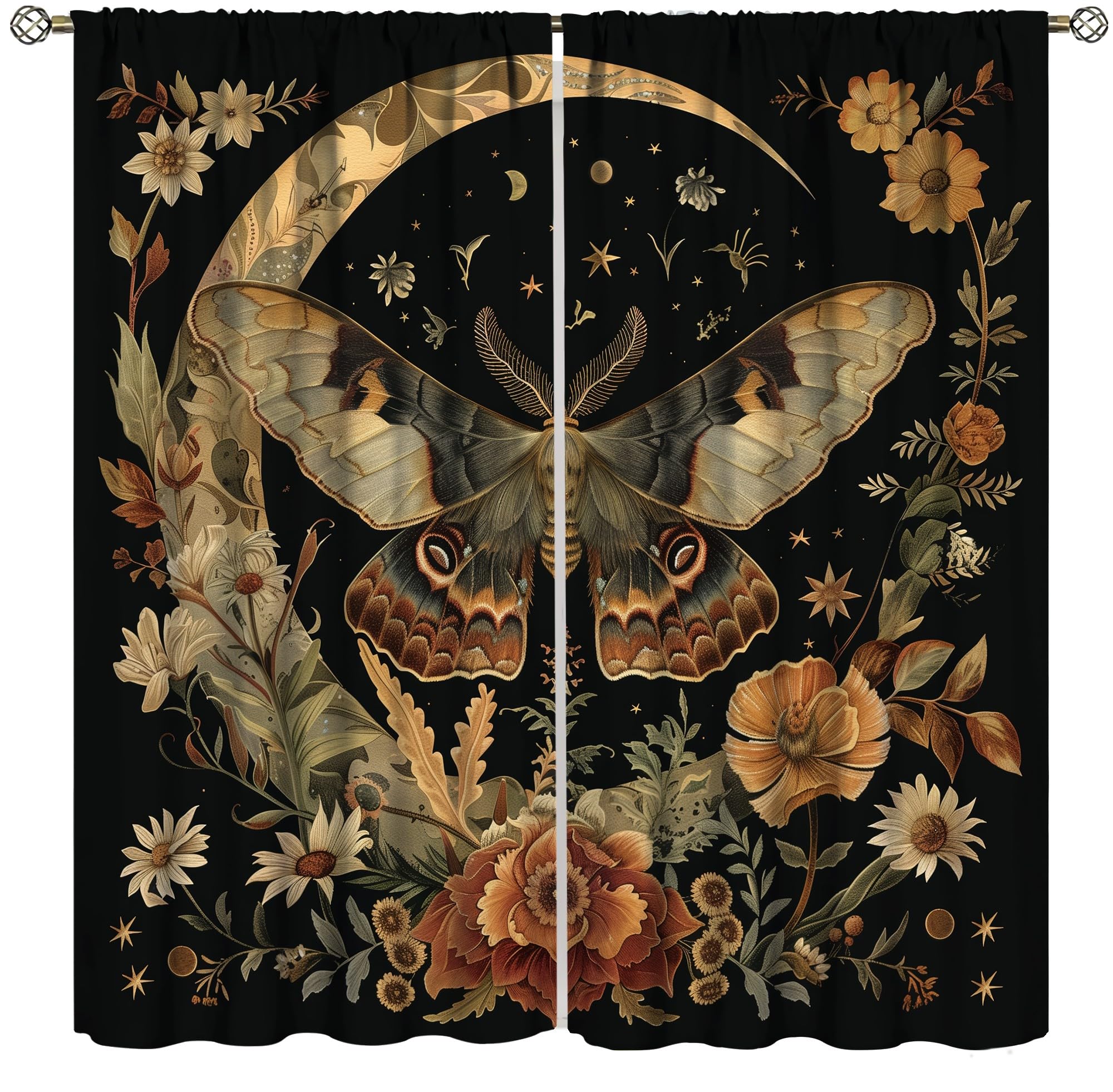 YungHo Moth Butterfly Moon Phase Curtain, Black Moonlit Night Mysterious Witchy Boho Cryptid Plant Gothic Blackout Window Treatment 42" W x 84" L x2