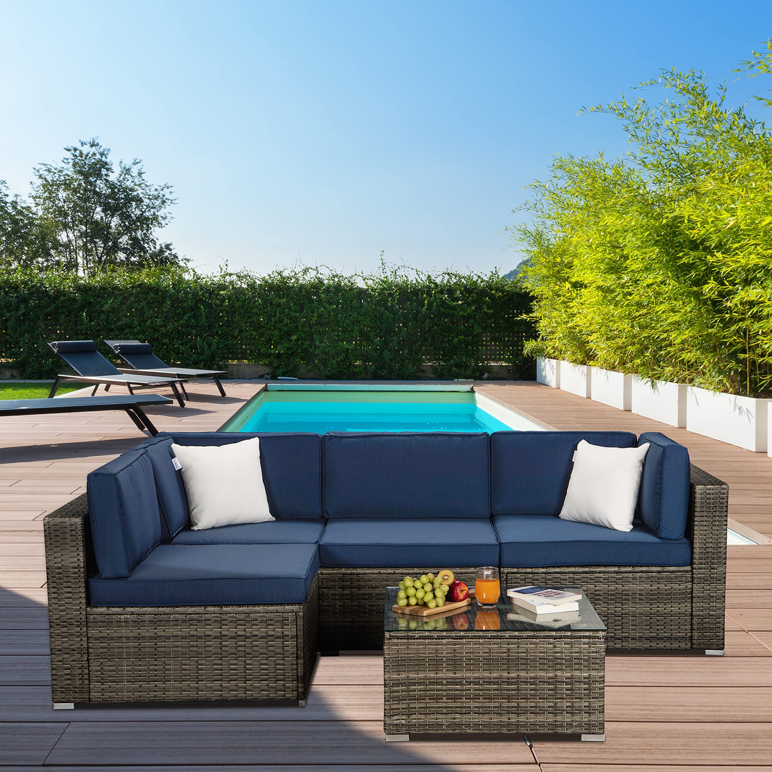 HomSof Garden 5 Pieces Outdoor Furniture Patio Sets PE Rattan Sectional Sofa with Coffee Table&Washable Couch Cushions&2 Beige Pillows, Navy|Dark Gray