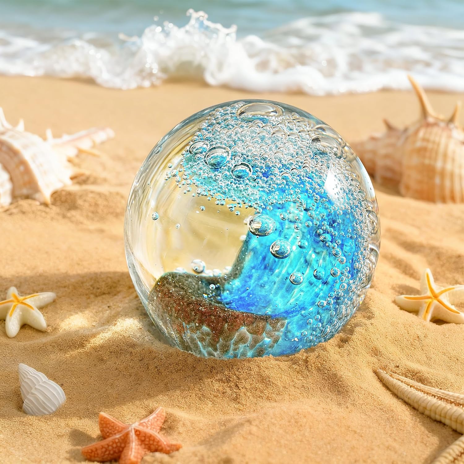 H&D HYALINE & DORA Hand Blown Glass Ocean Waves Ball Paperweight Decorative Home Office Decor Glass Art Collectible Crystal Ball Paperweight Ideal for Ocean Lovers(2.3Inch) - Image 3