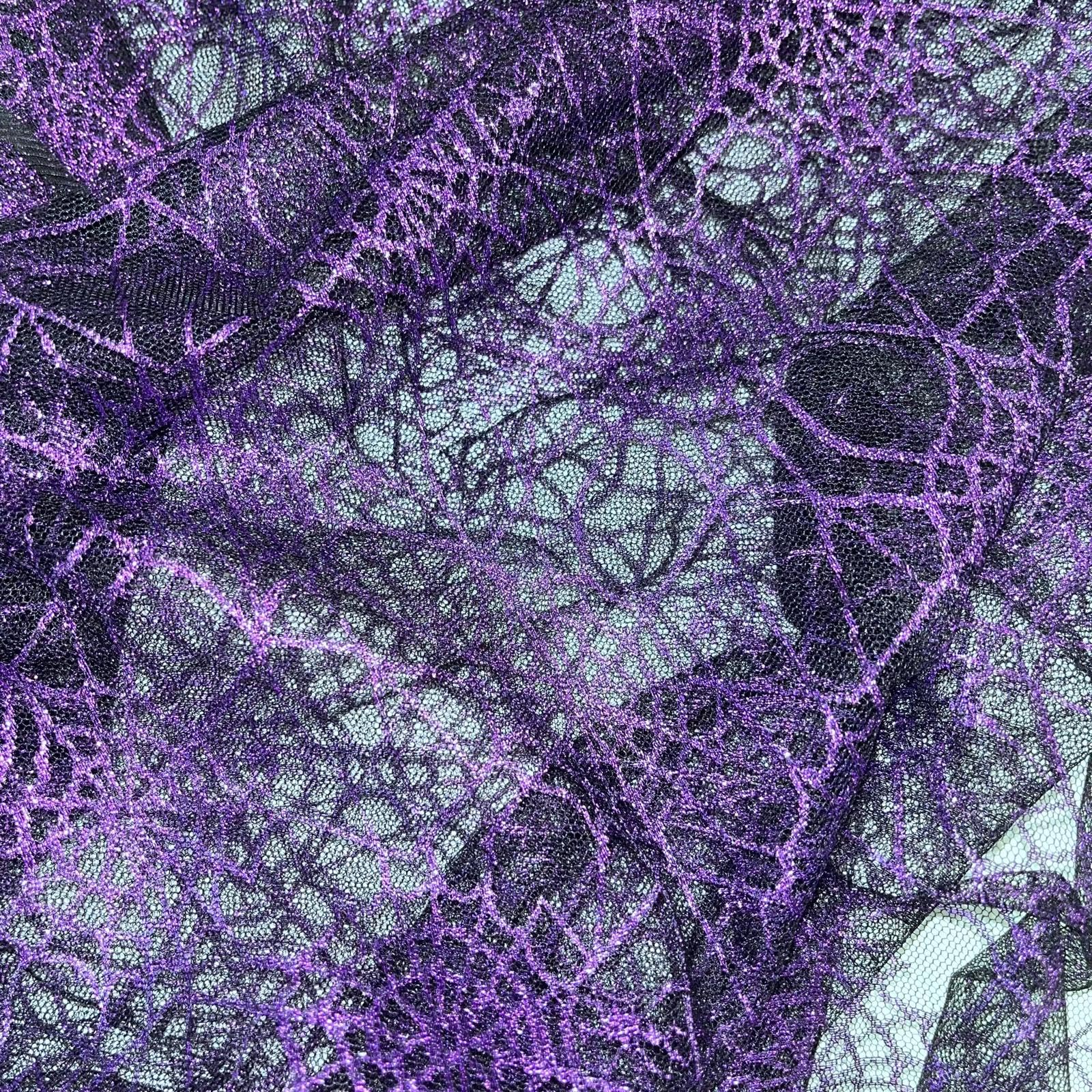 Halloween Spider Web Fabric, Black and Purple Lace Pattern, Gothic Style Mesh Material, 150cm Width (Purple)