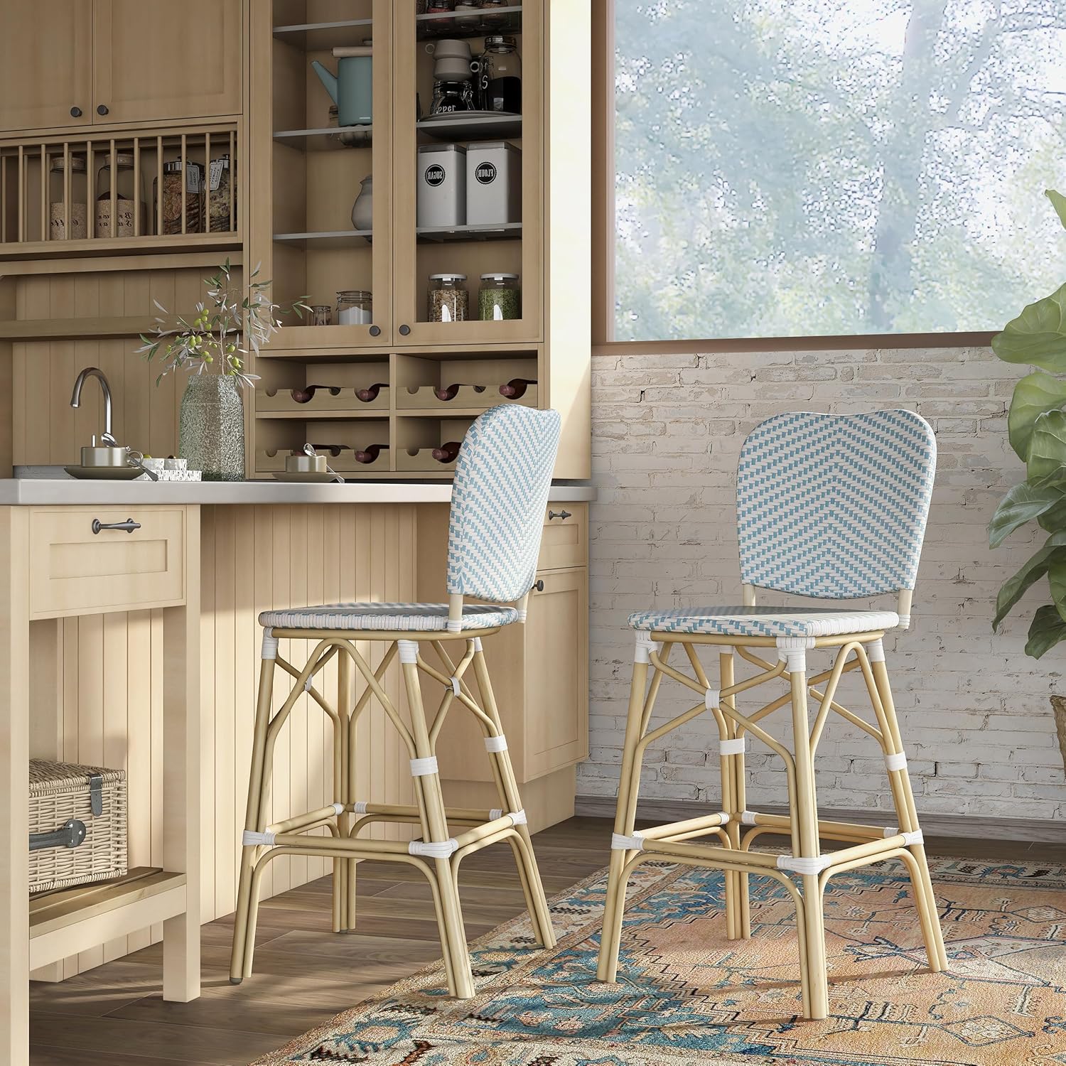 Greemotion Adino Coastal Aluminum and All-Weather Wicker 44.75 in. H Outdoor Armless Bar Chair Set of 2 for Outdoor Kitchen, Patio, Pool Area, Blue and Natural