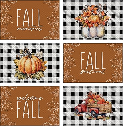 Preboun Juego de 6 manteles individuales vintage de otoño, rústico, a cuadros, lavables, granja, hojas de calabaza, camión, Acción de Gracias, para