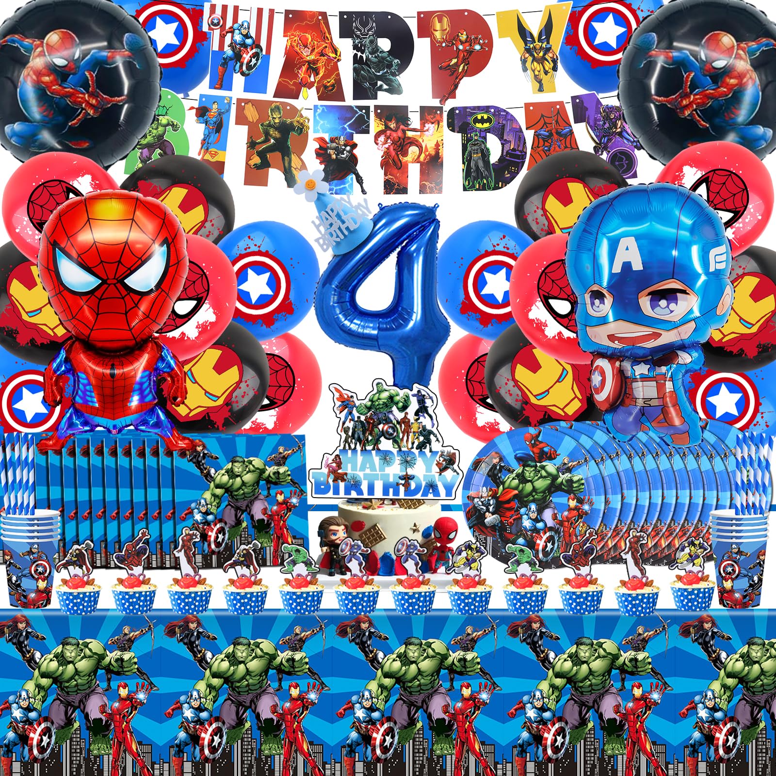 Kit Decorazione Compleanno Supereroi 4 Anni - Palloncini, Tenda, Tovaglia E Cake Topper - Foto 7