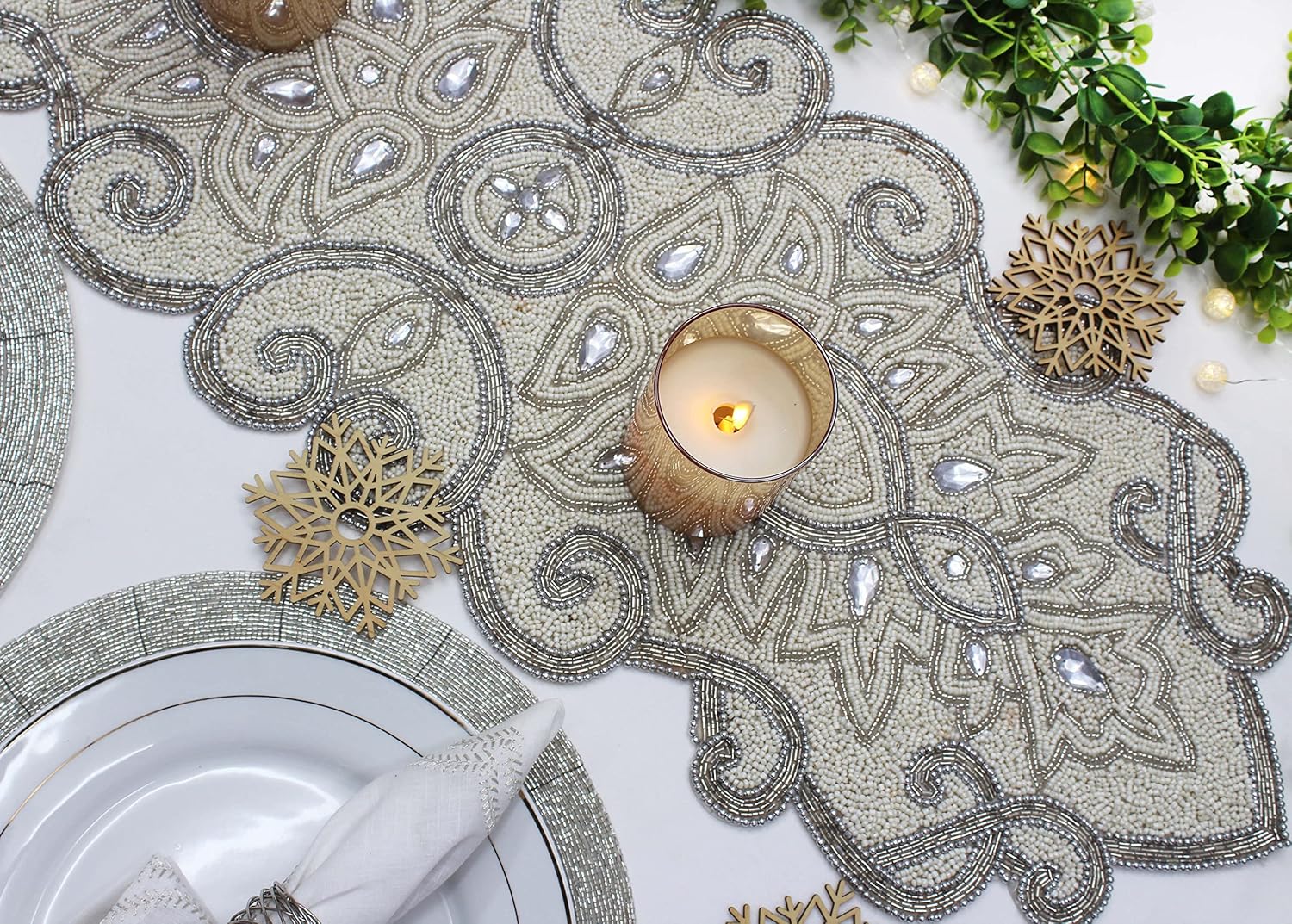 COTTON CRAFT Mila Scroll Handmade Beaded Table Runner - Halloween Harvest Autumn Fall Thanksgiving Holiday Christmas Xmas Celebration Festive Party Tabletop Décor Tablerunner - 13x36 Ivory & Silver