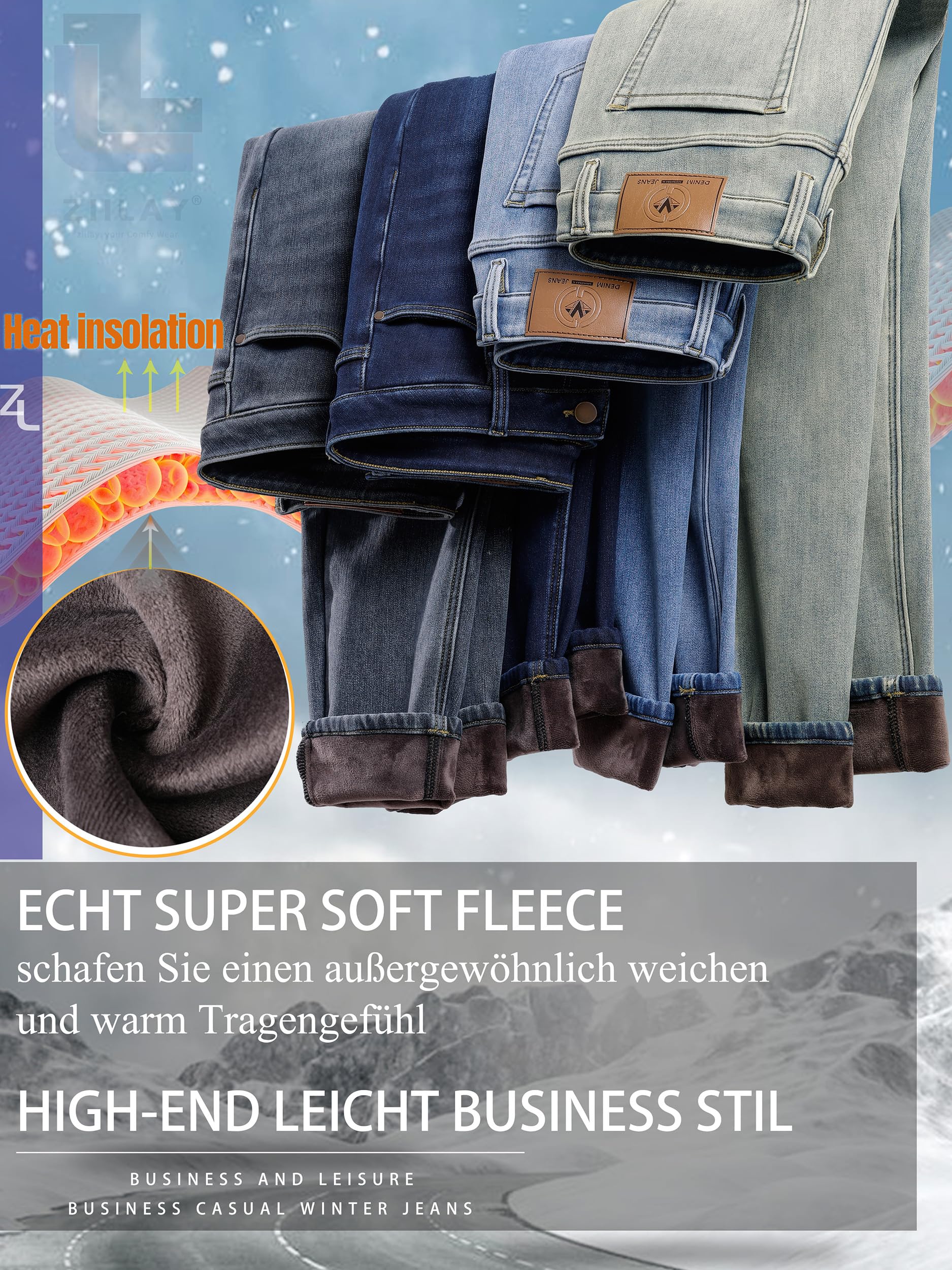 Jeans termici elasticizzati Tapered Slim Fit Super-Soft Fleece Pantaloni termici da uomo, jeans invernali imbottiti