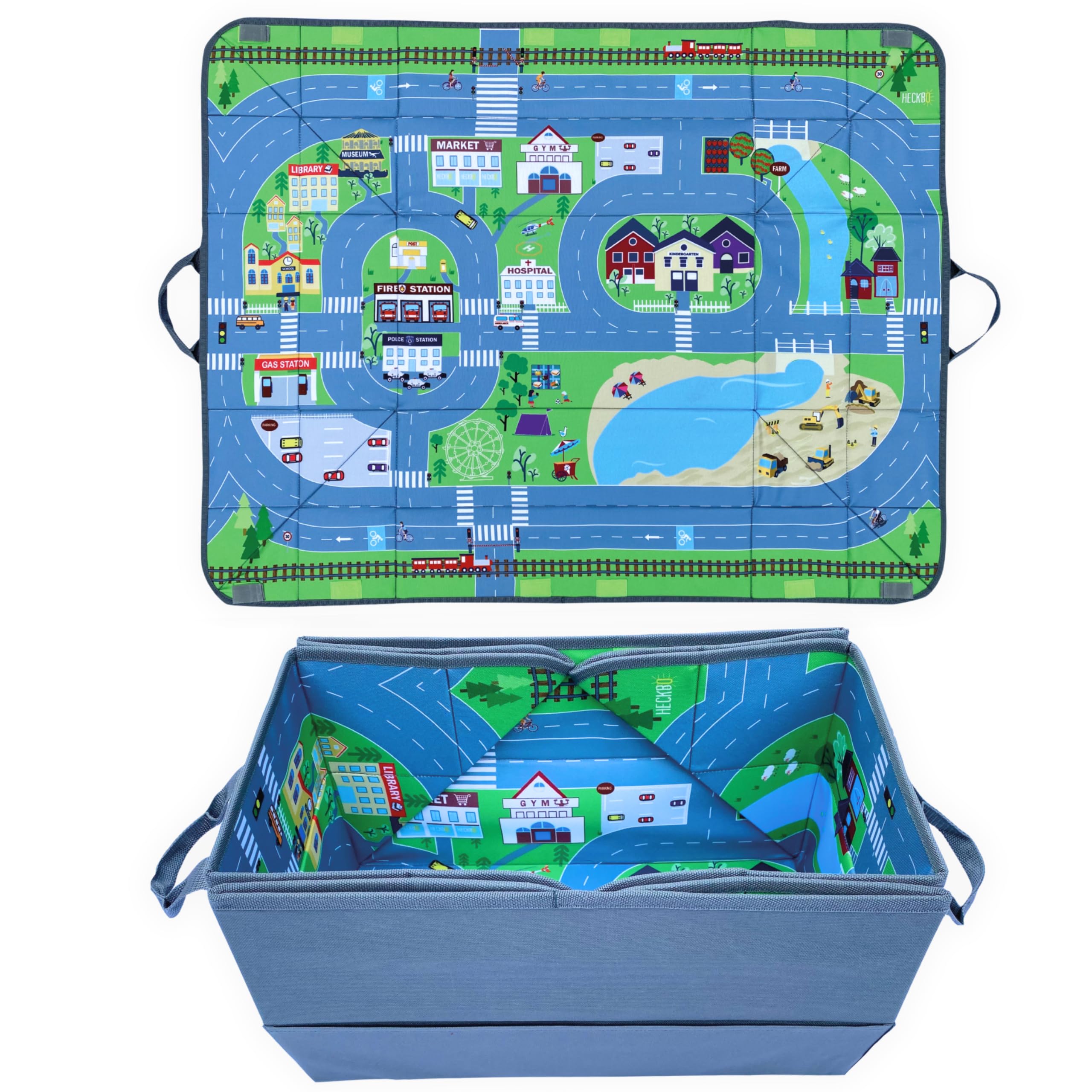 HECKBO 4-in-1 Auto Organizer und Spielteppich - Kinder Spielzeug-Aufbewahrungsbox - Faltbare Spielmatte mit Straßenmotiv - Sichere Befestigung im Auto, 91cm x 72cm