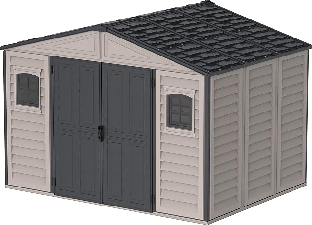 Duramax Woodbridge II 10.5 x 8 Plus Plastic Garden Shed with Metal Foundation Kit & 2 Fixed Window, Adobe/Dark Grey